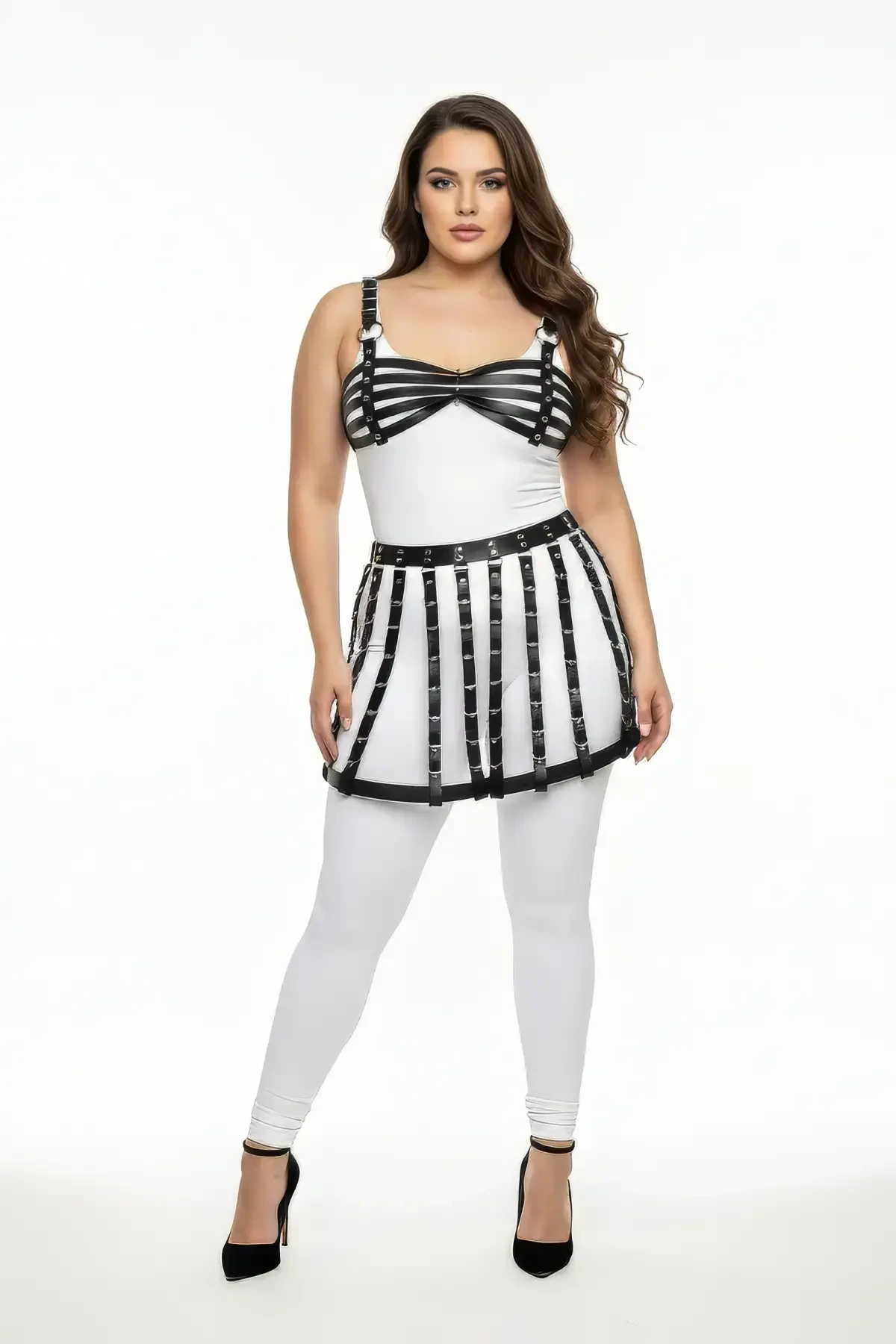 Large Size Black Leather Belt Detailed Harness Skirt Accessory - APFT899