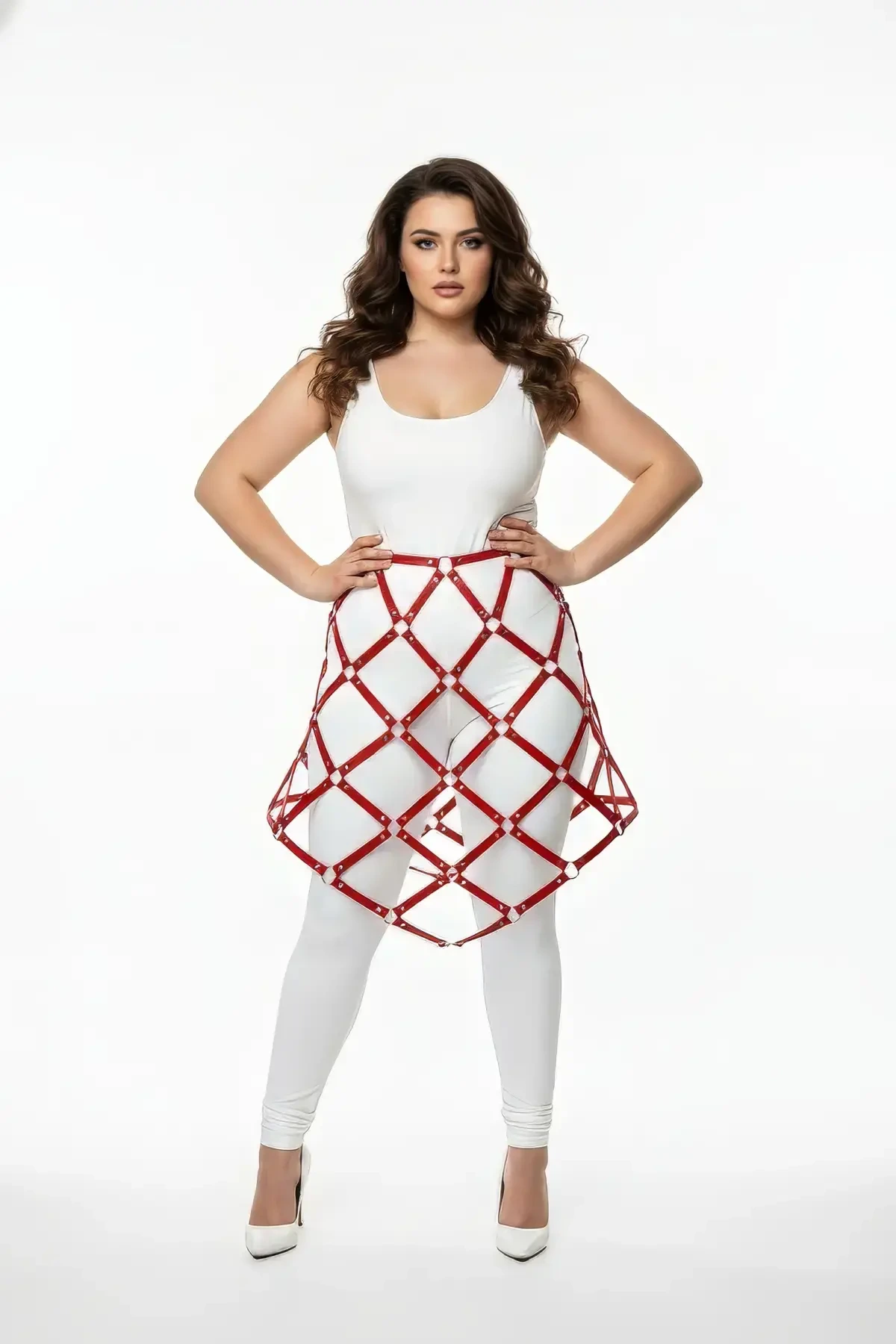 Plus Size Red Leather Skirt Harness Body Accessory with Lattice Knit Design - APFT982