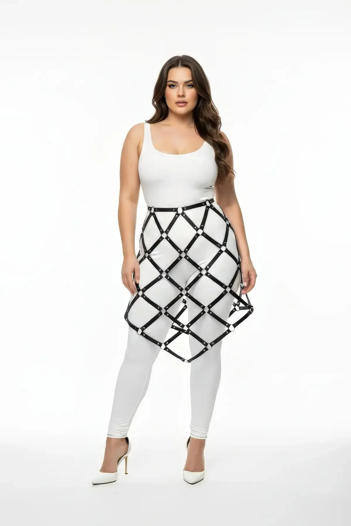 Plus Size Black Leather Cage Design Harness Skirt - APFT982