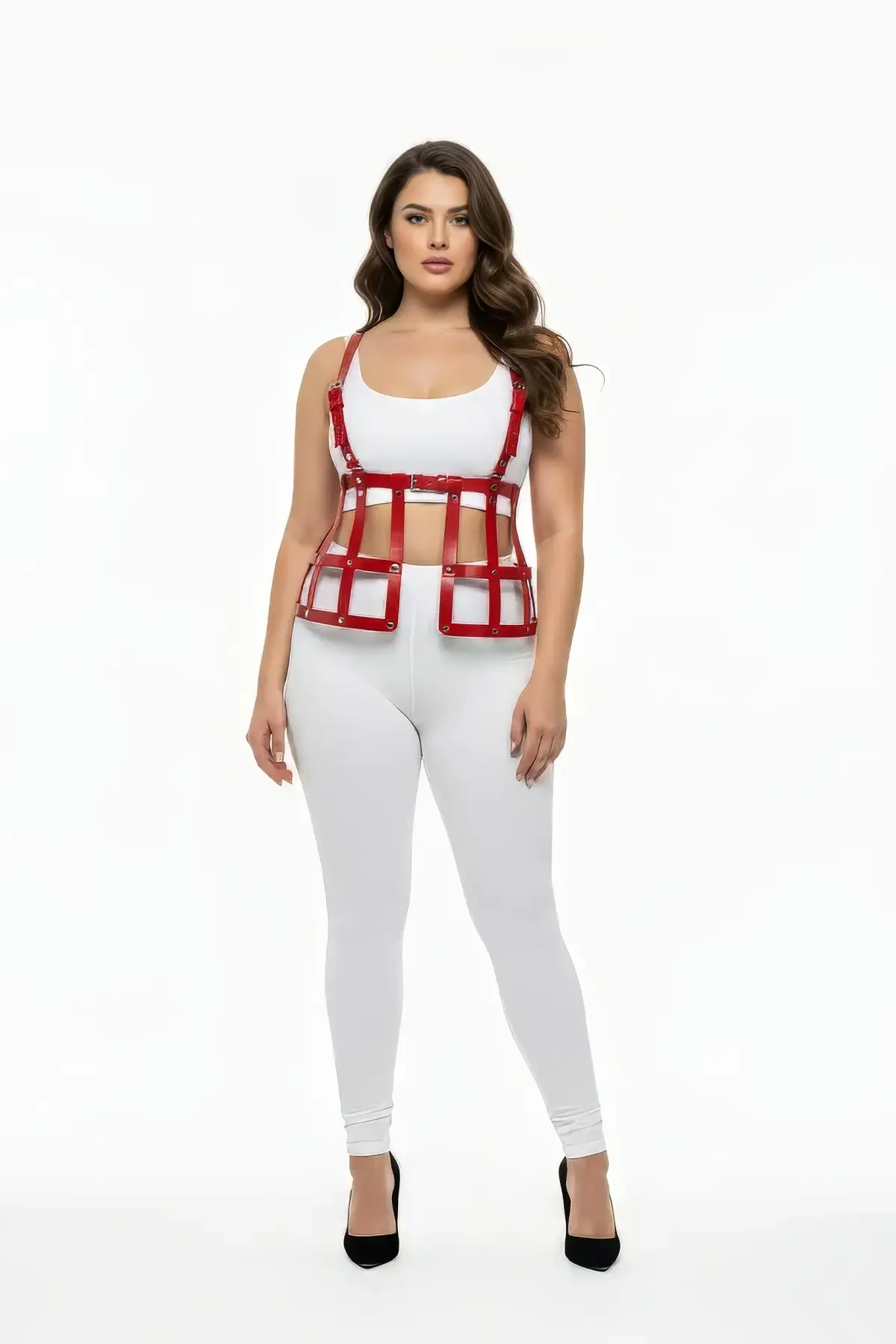 Plus Size Red Leather Skirt Harness Detailed Fantasy Body Accessory - APFT983