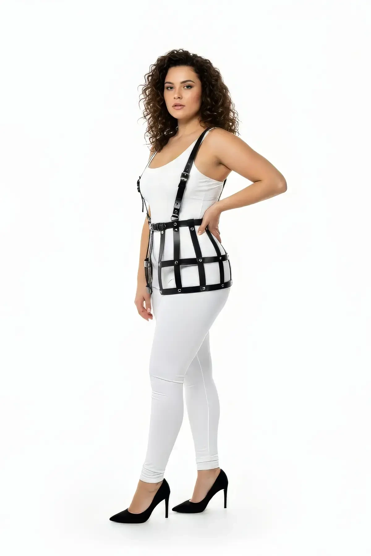 Plus Size Black Skirt with Leather Harness Cage Detail - APFT983