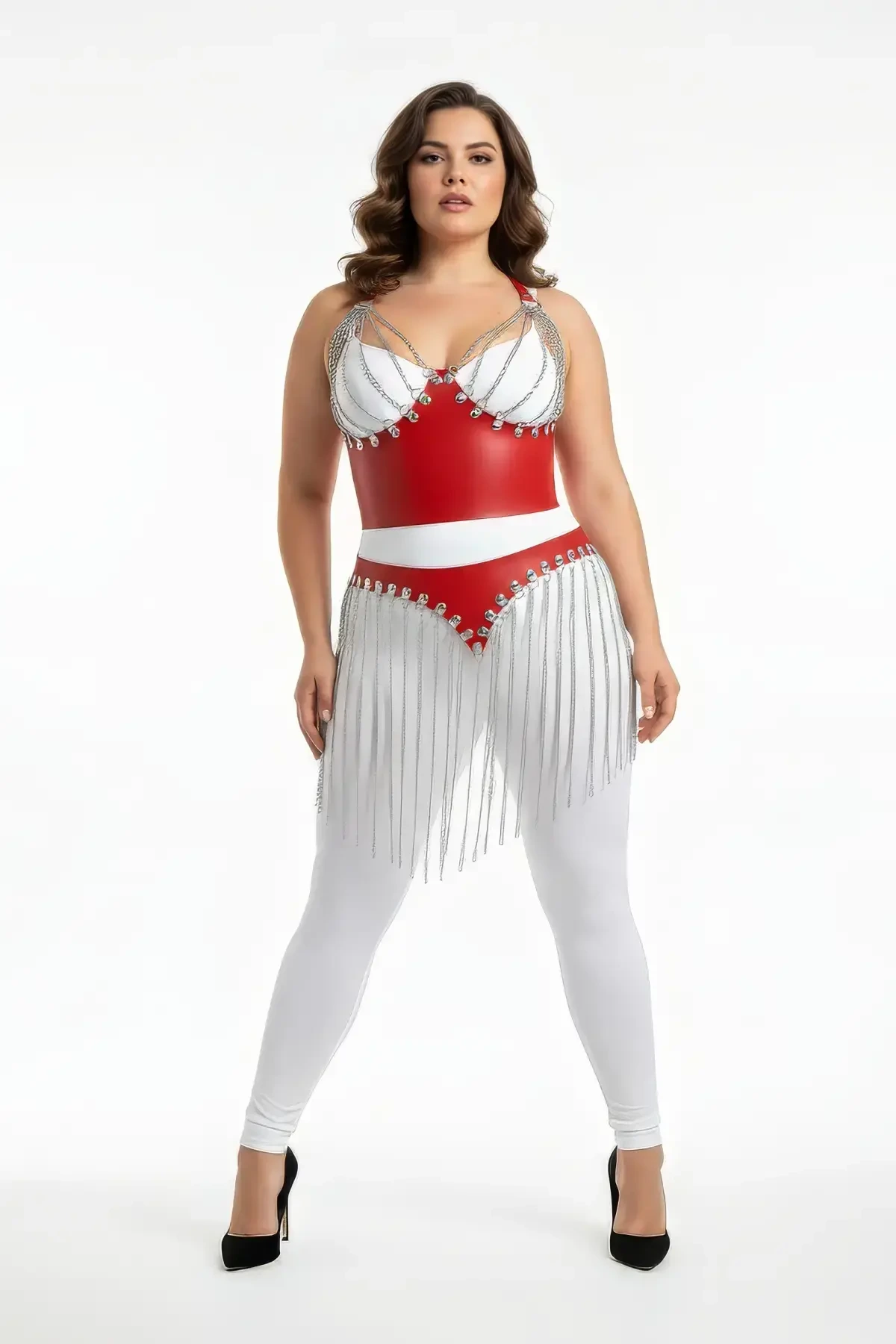 Plus Size Red Skirt Chain Tasseled Leather Accessory - APFT994