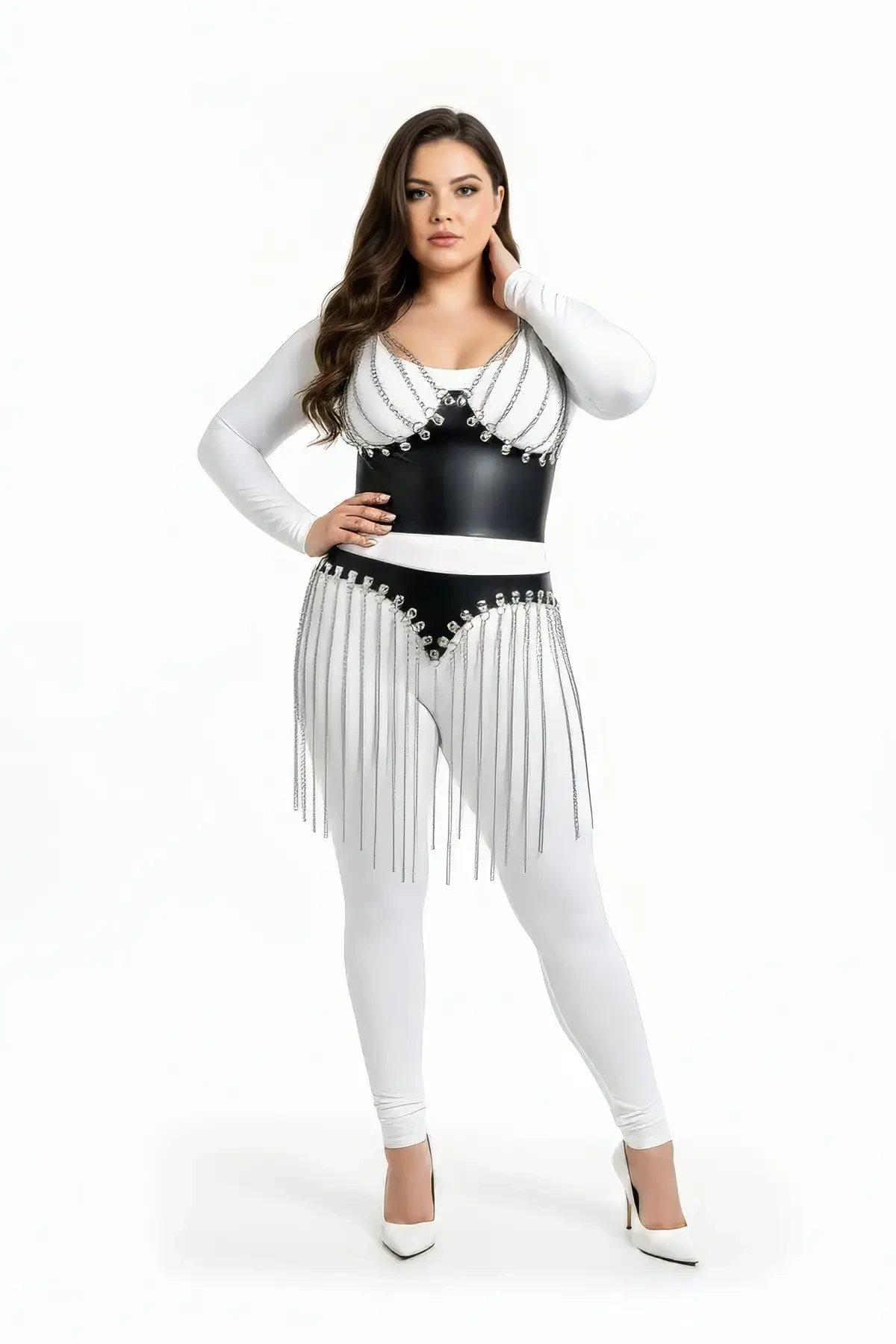 Plus Size Black Skirt with Leather Look Chain Fringe Detail - APFT994