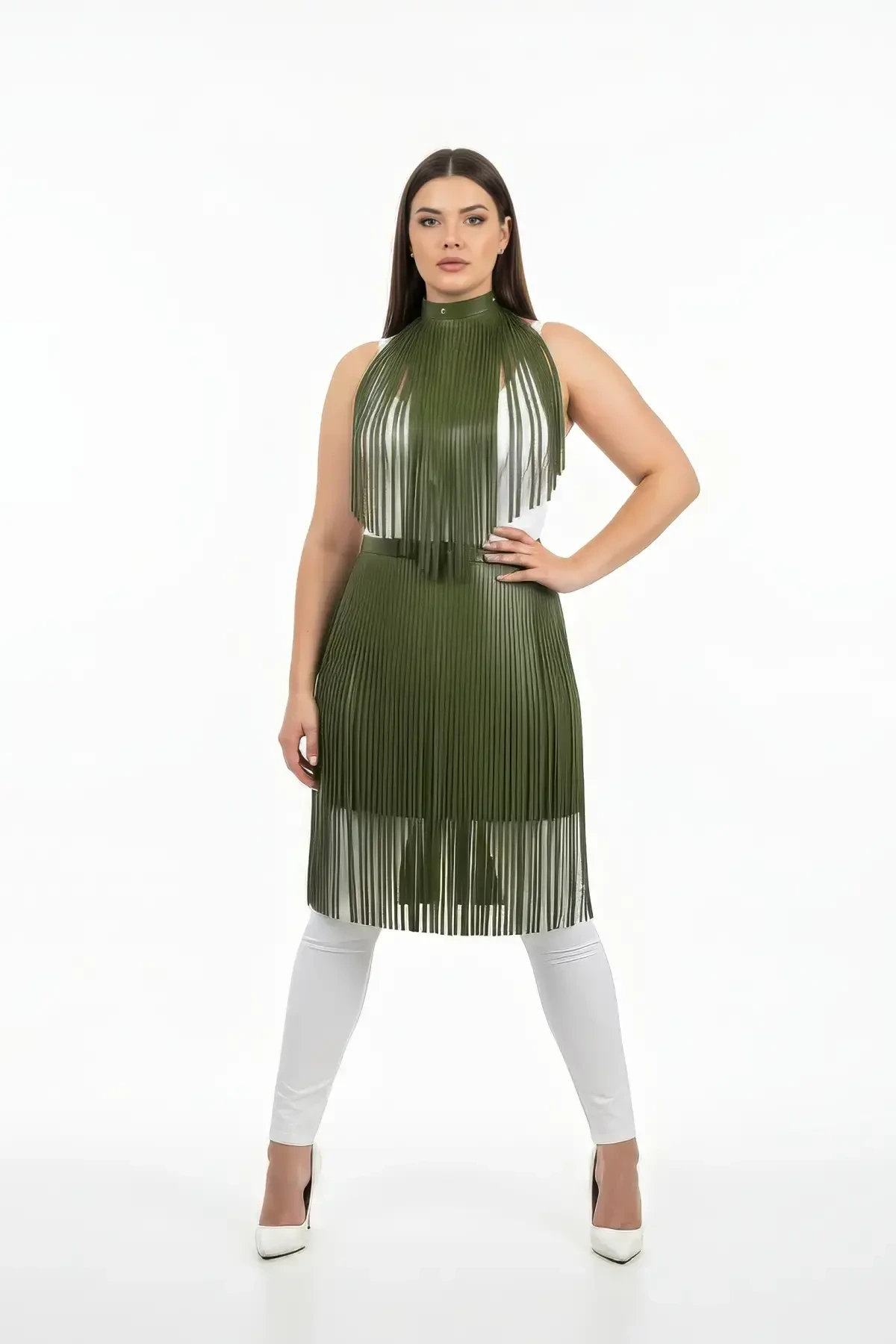 Plus Size Khaki Leather Long Skirt with Tassel Detail - APFT997