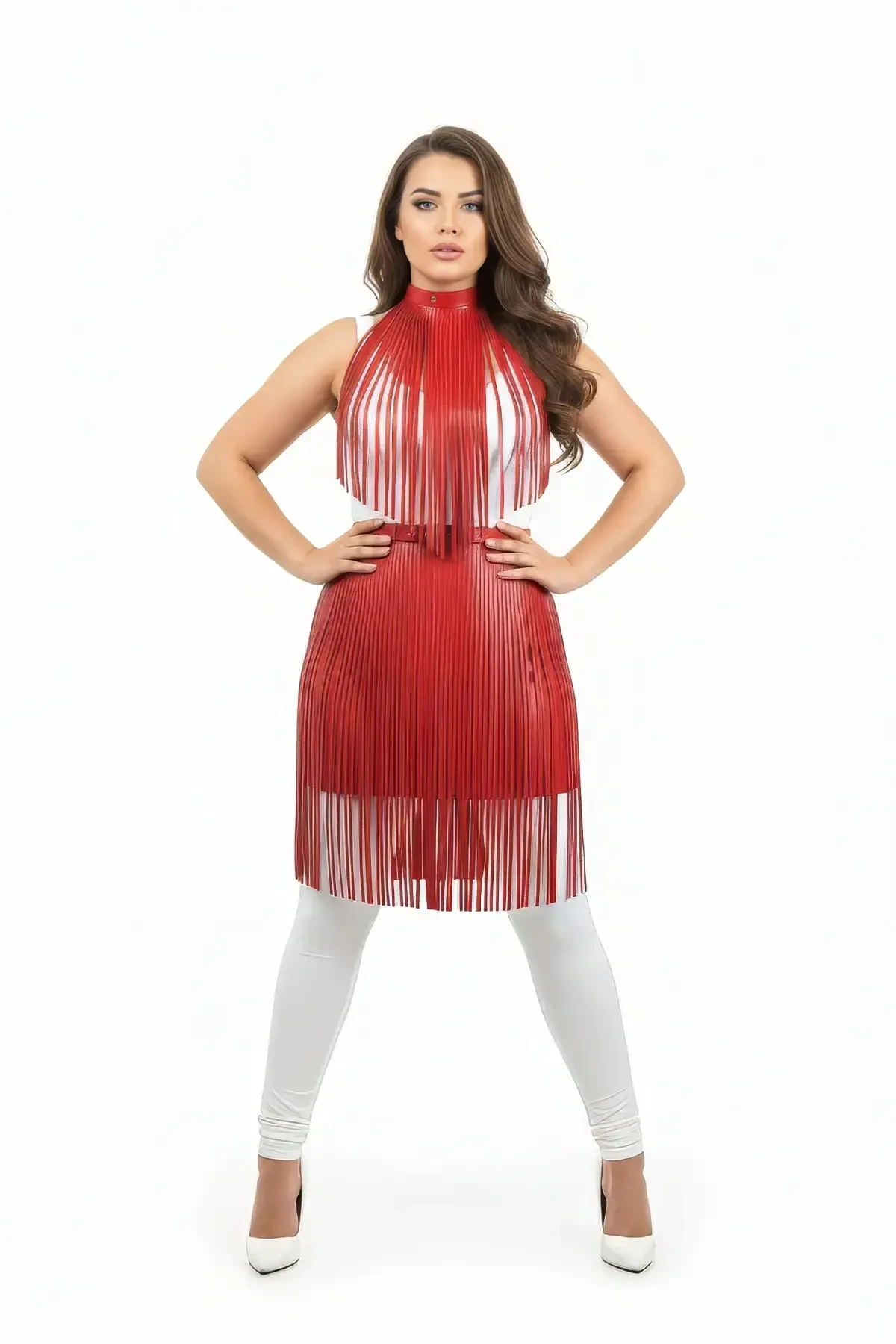 Plus Size Red Leather Skirt High Waist Tassel Detailed - APFT997
