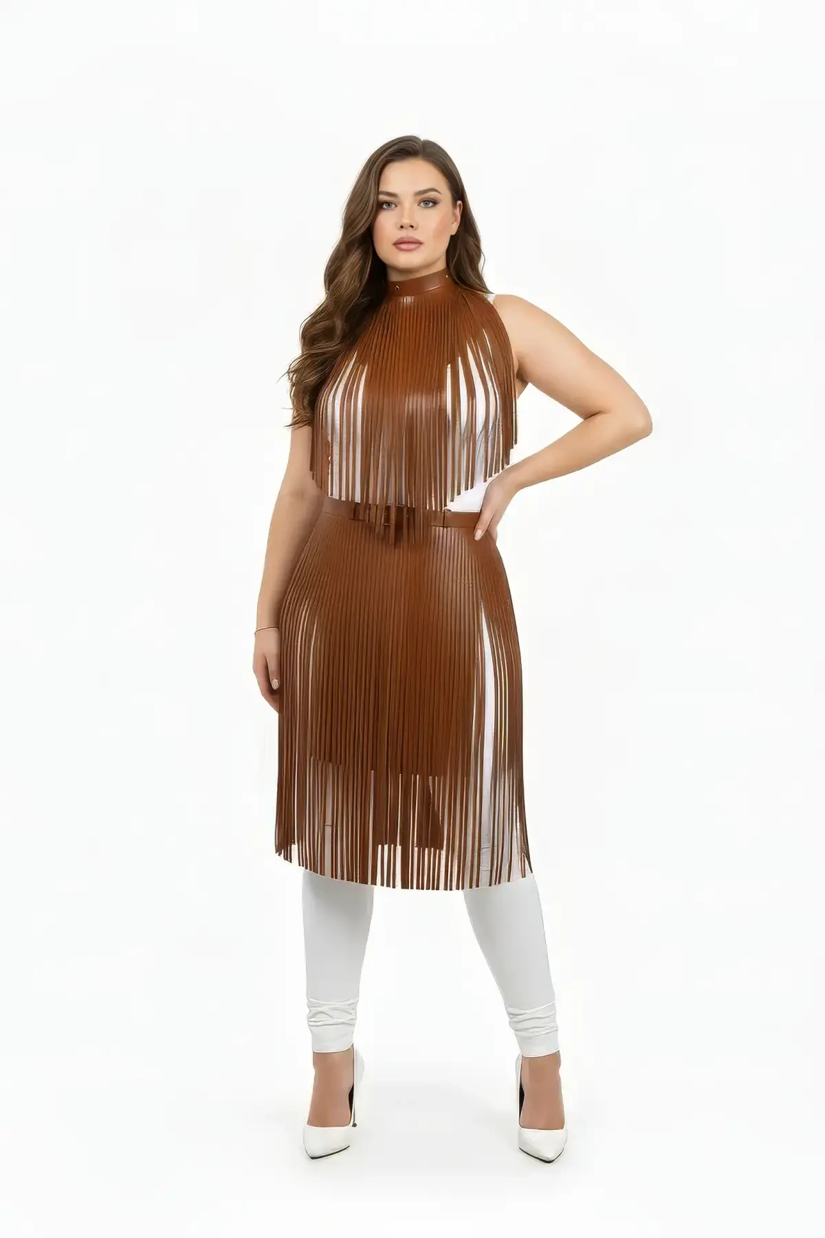 Large Size Tan Tasseled Leather Skirt Combination Complementary Accessory - APFT997