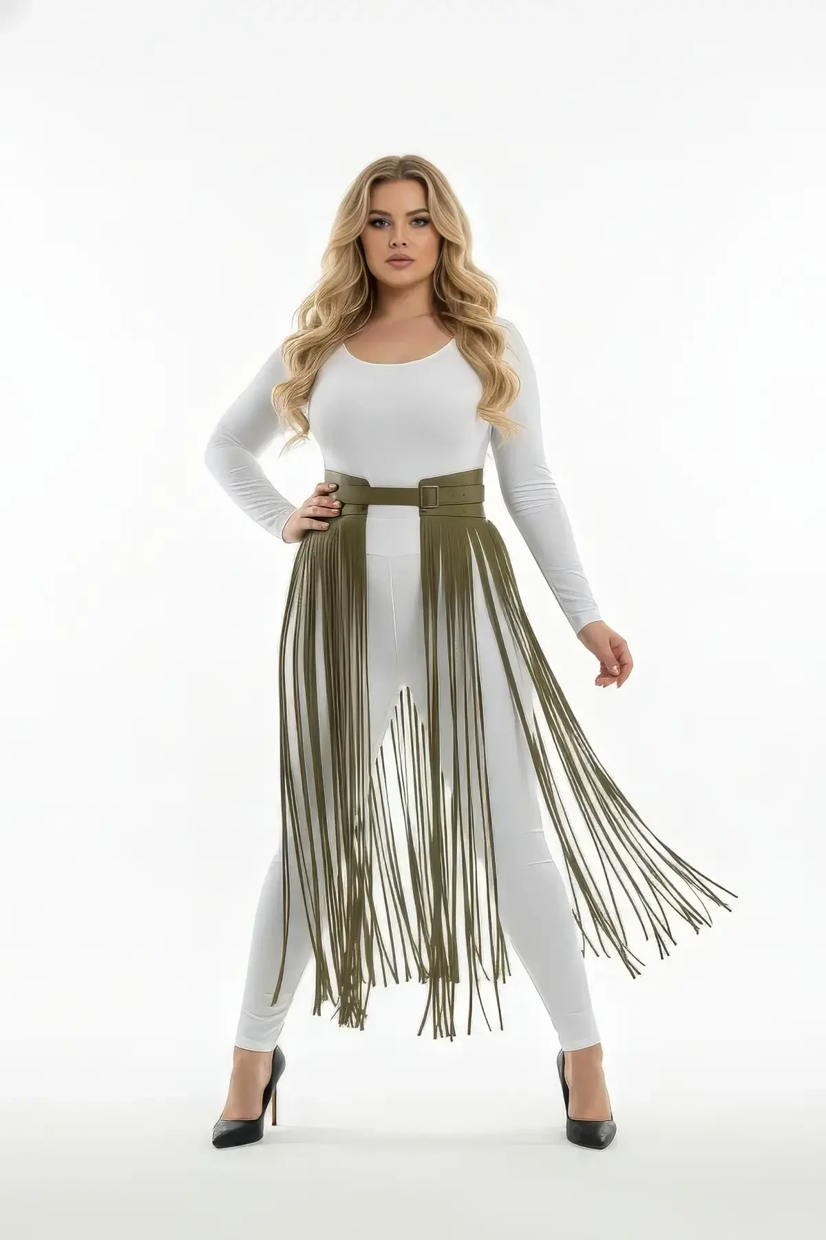Plus Size Khaki Leather High Waist Skirt with Tassel Detail - APFT1003