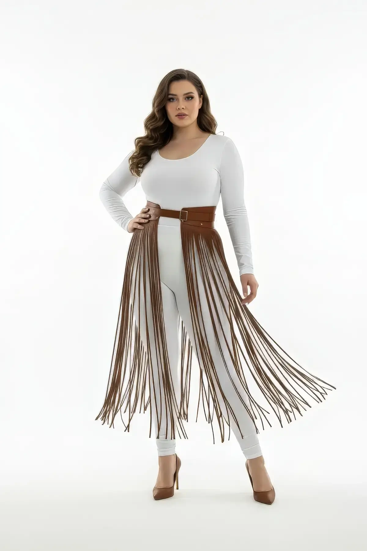 Plus Size Brown Skirt with Long Tassels Leather Accessory - APFT1003