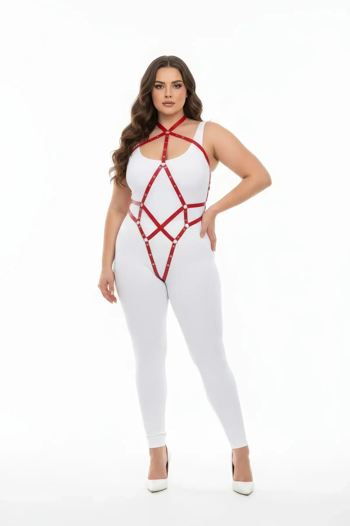 Plus Size Red Women's Full Body Leather Harness Fancy Wear - APFT295