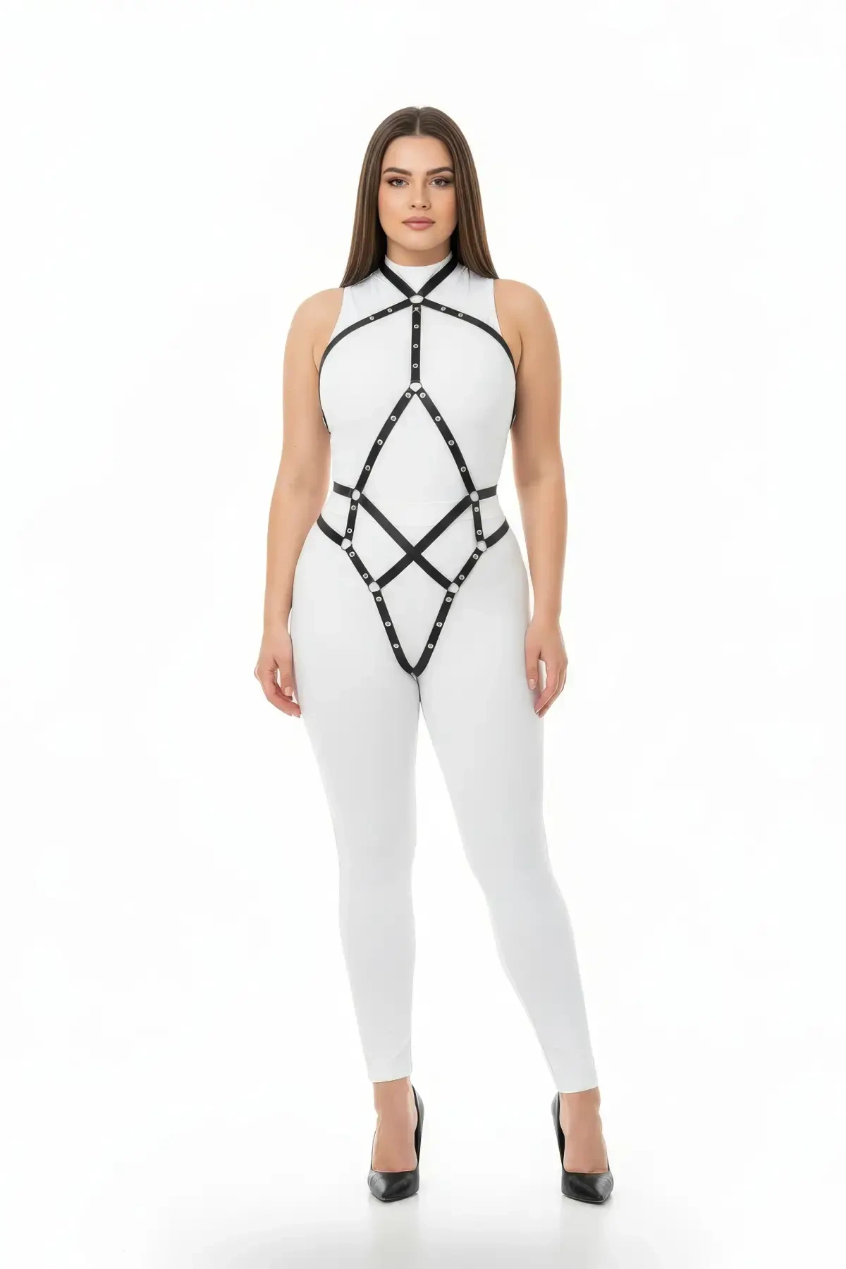 Plus Size Black Women's Leather Harness Body Accessory with Metal Detail - APFT295