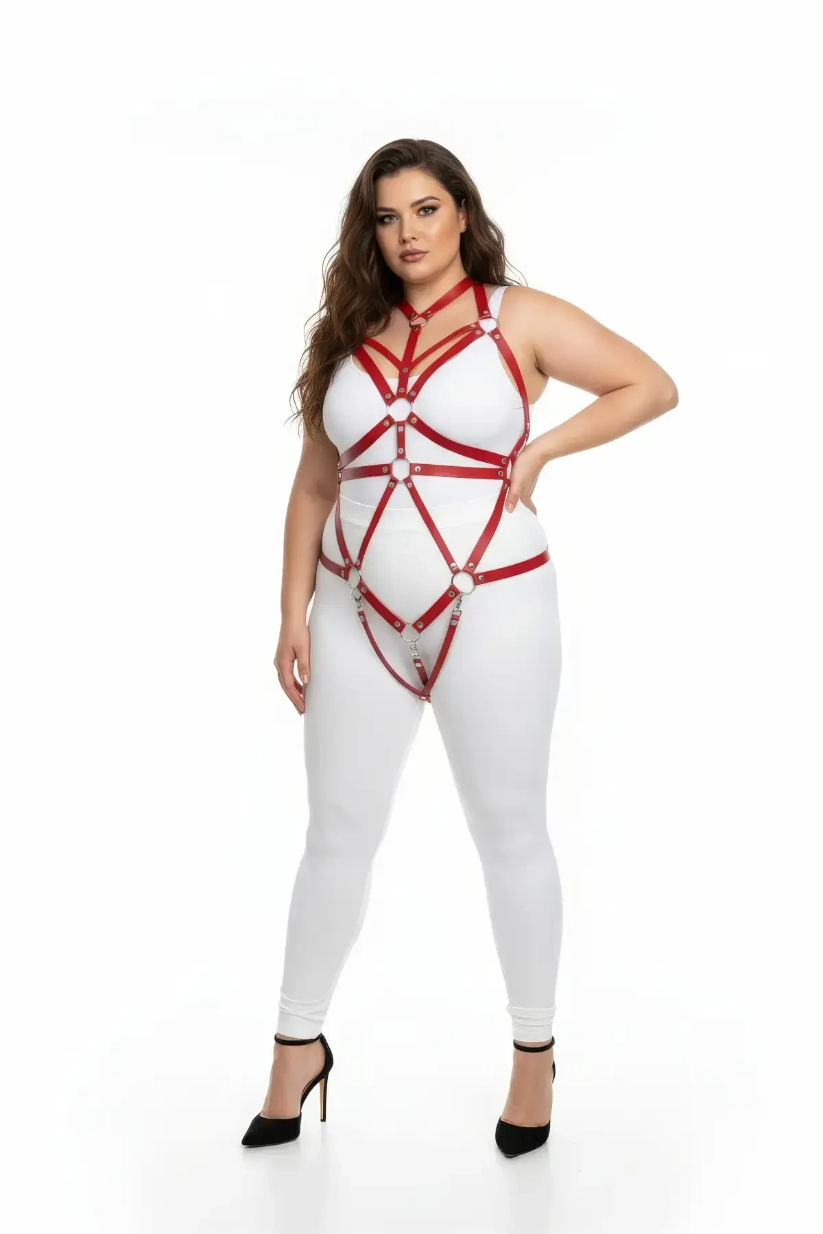 Plus Size Red Women's Harness Set Ring Detailed Leather Fancy Accessory - APFT316