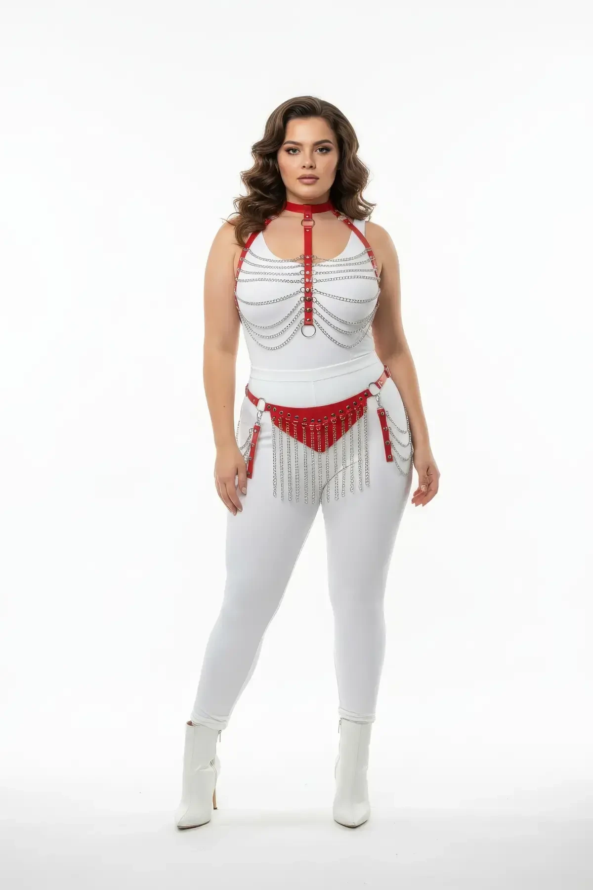 Plus Size Red Women's Leather Harness Suit Chain Detailed Fancy Accessory - APFT328