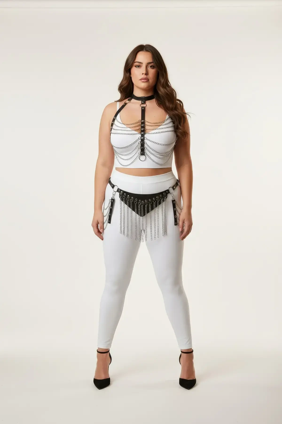 Plus Size Black Women's Harness Suit with Chain and Tassel Detail Leather Fancy Accessory - APFT328