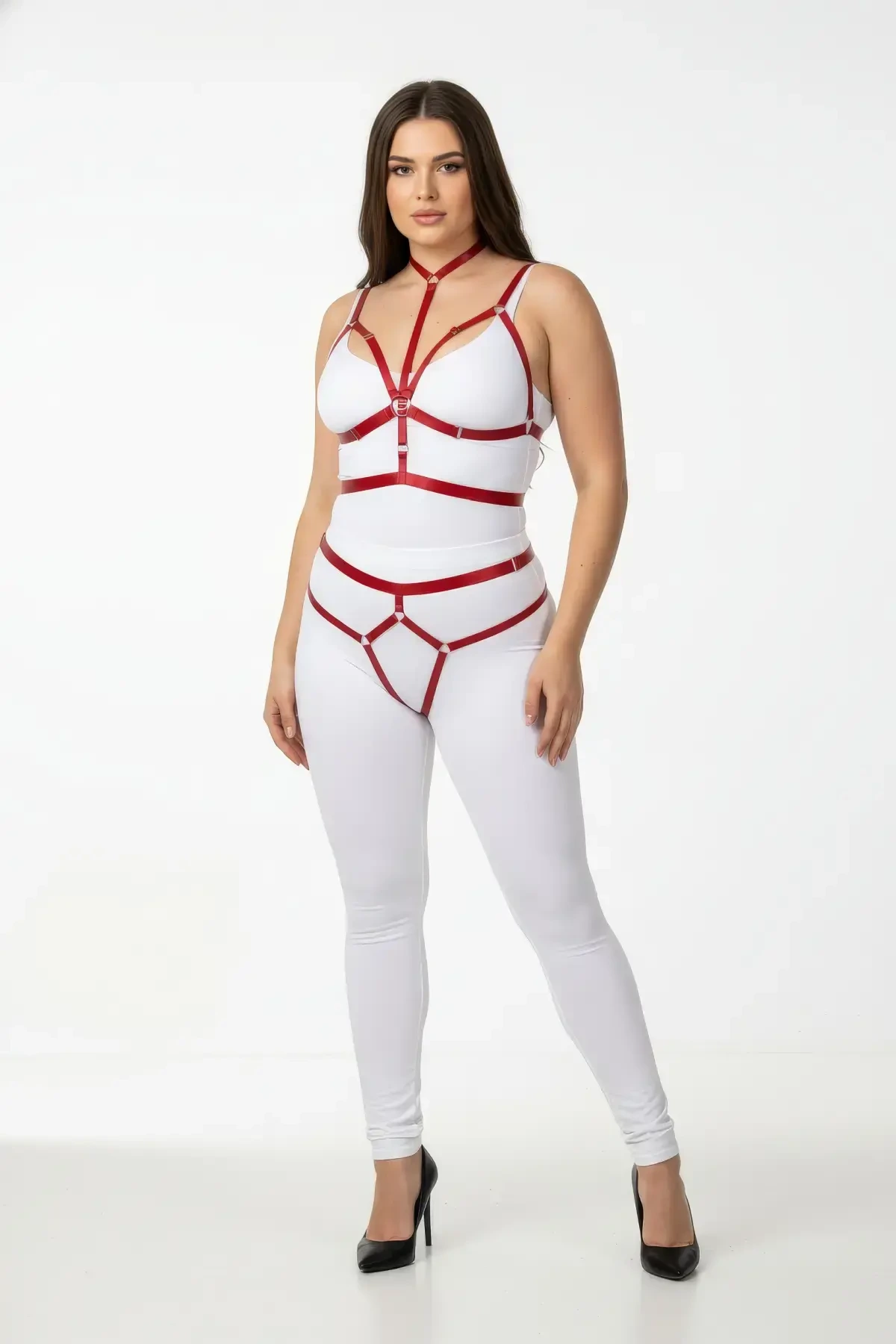 Large Size Red Women's Harness Set Shiny Rubber Harness - APFT362