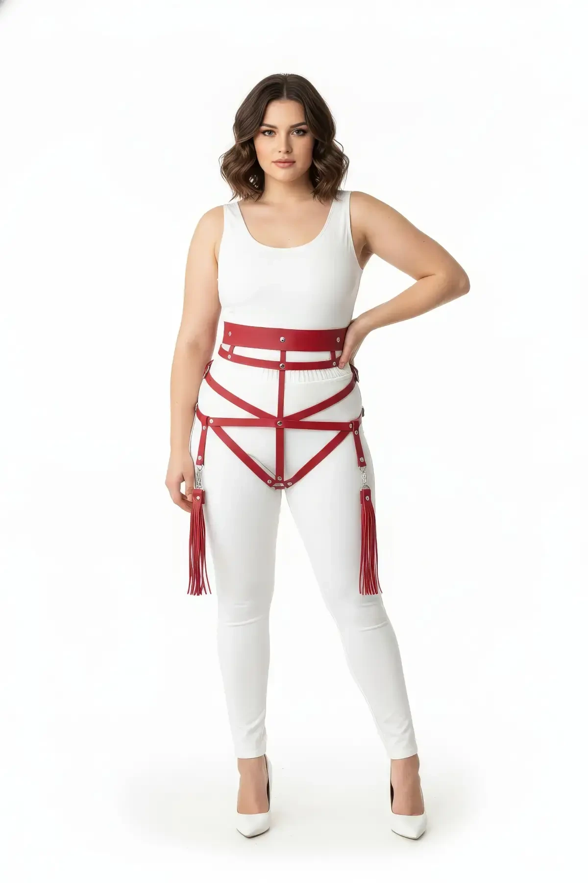 Plus Size Red Women's Harness Suit Tassel Detailed Leather Body Accessory - APFT397