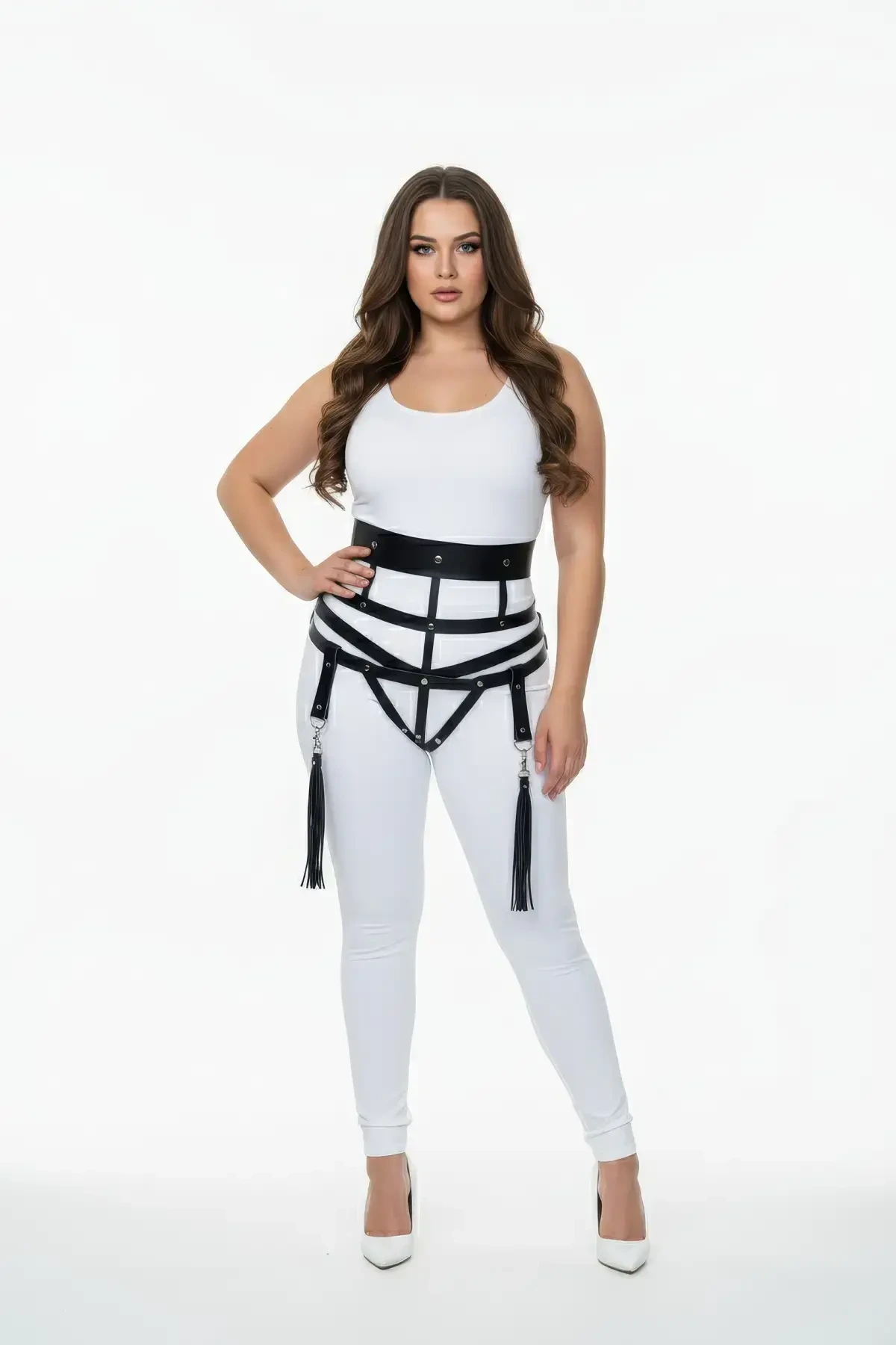 Plus Size Black Women's Leather Harness Suit with Garter and Tassel Detail - APFT397