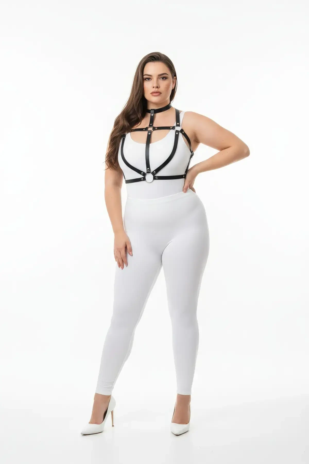 Plus Size Black Women's Harness Set with Sexy Leather Ring Detail - APFT434