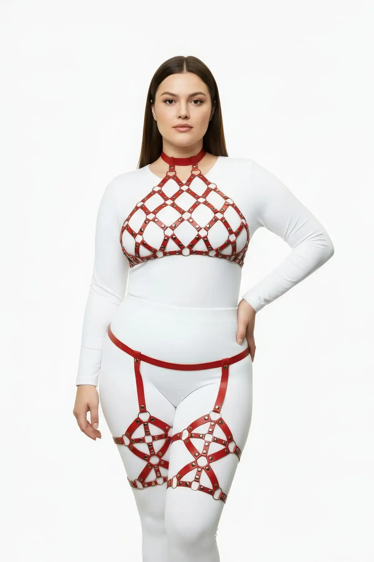 Plus Size Red Women's Harness Suit with Garter and Stud Detail Fancy - APFT460