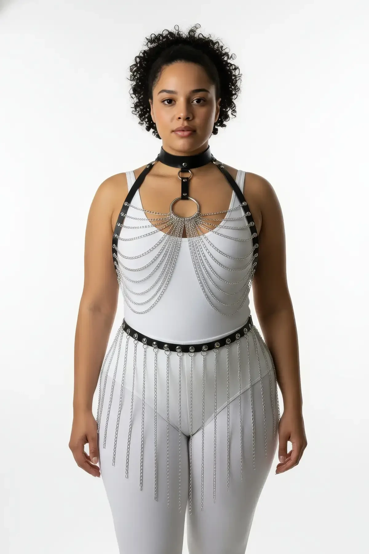 Plus Size Black Women's Harness Suit Sexy Leather with Chain Detail - APFT462