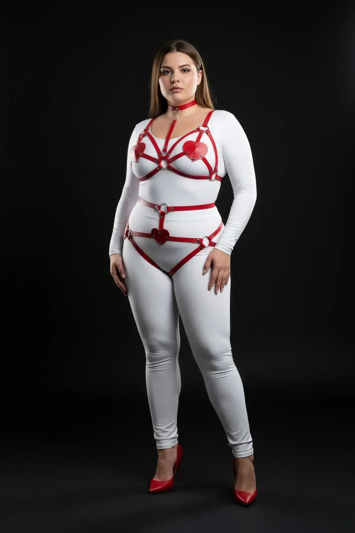 Plus Size Red Women's Harness Suit with Heart Detail Fancy Leather Body Accessory - APFT467