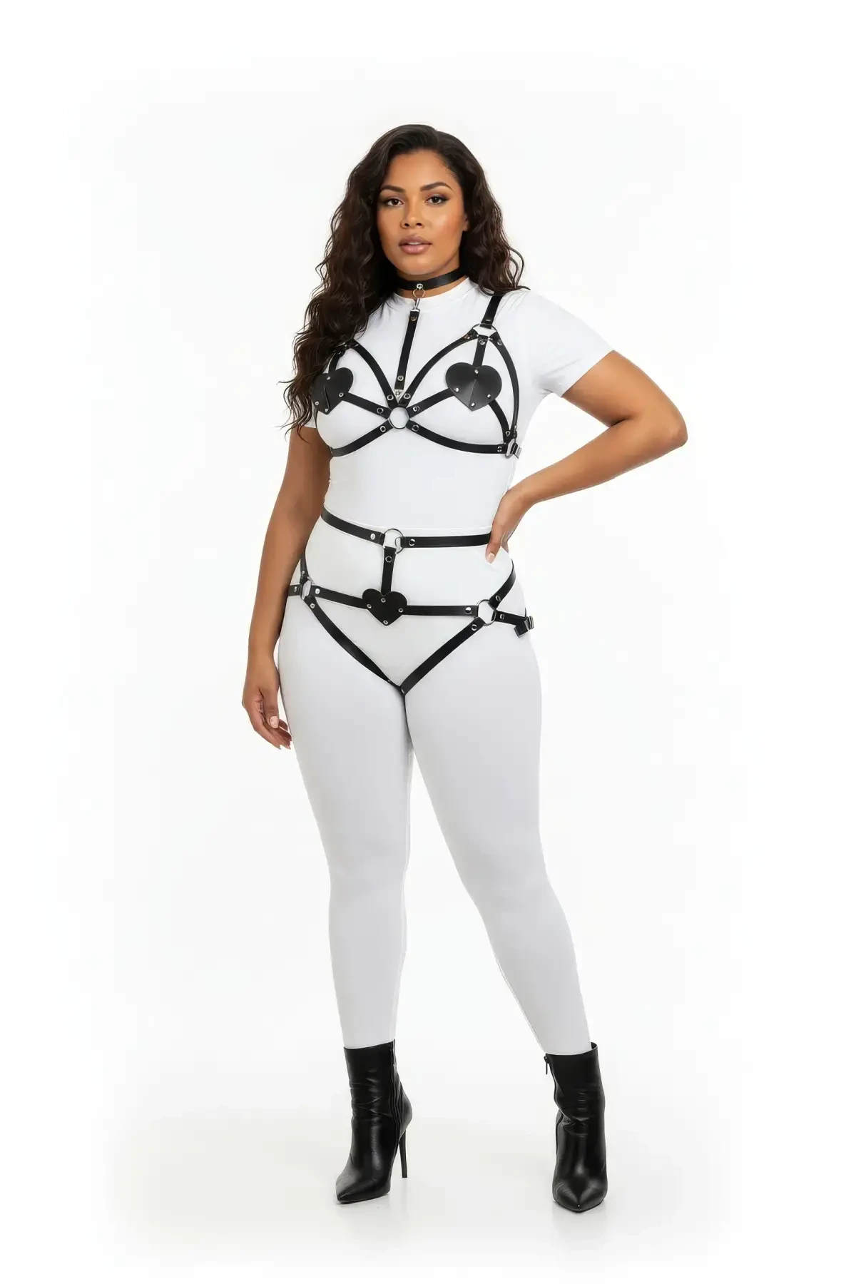 Plus Size Black Women's Leather Harness Set with Heart Detail Fancy Accessory - APFT467