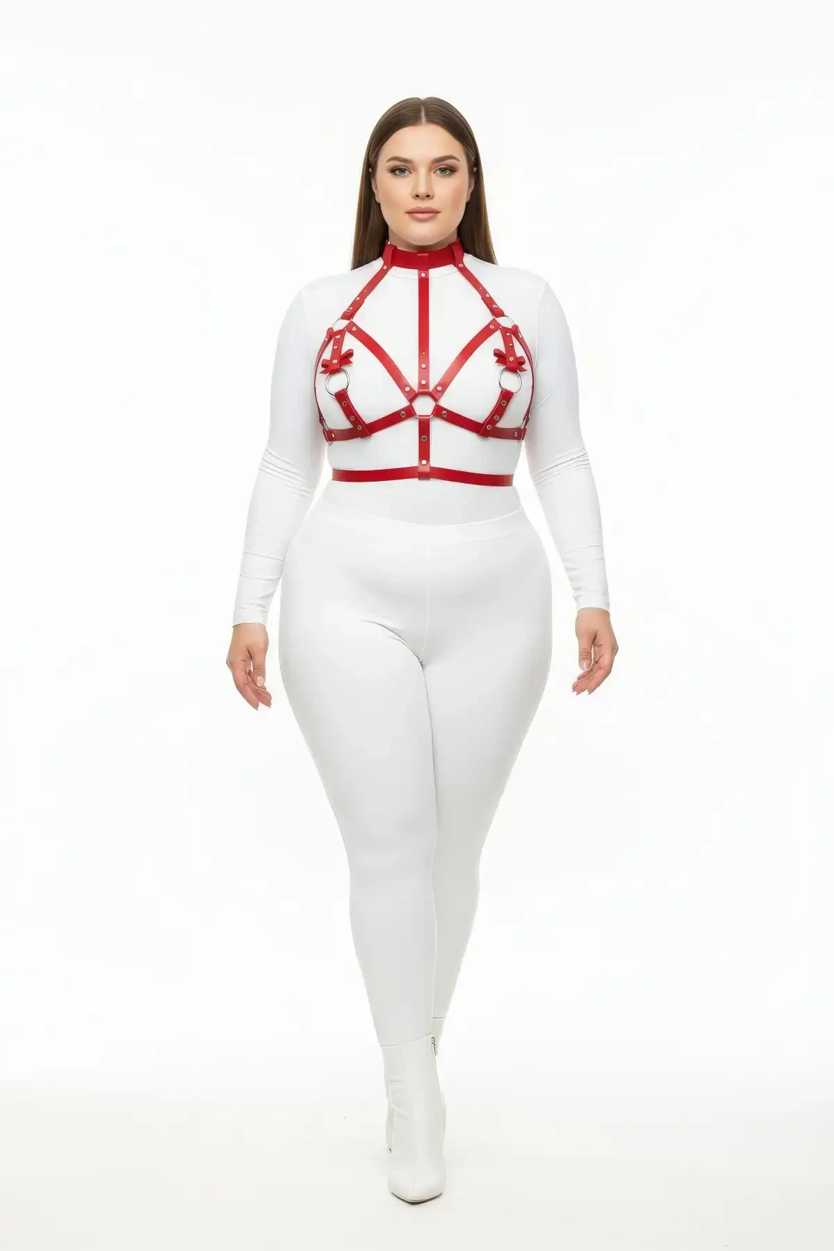 Plus Size Red Women's Harness Suit with Leather Chest Accessory and Ring Detail - APFT473