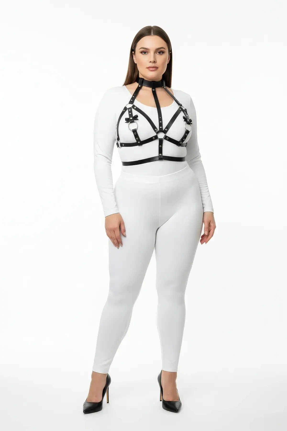 Plus Size Black Women's Leather Harness Set with Neck Collar and Ring Detail Fancy Accessory - APFT473