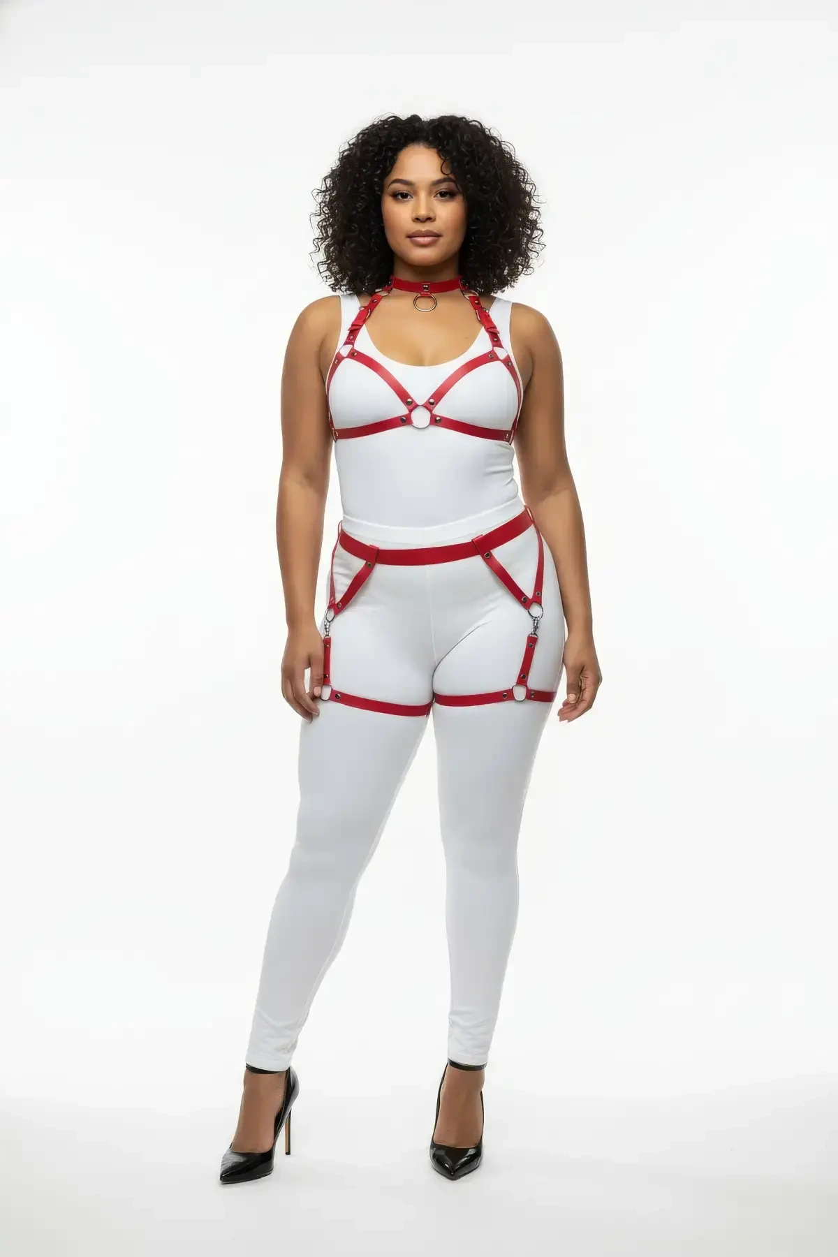 Plus Size Red Women's Leather Harness Set with Garter Ring Detail - APFT478