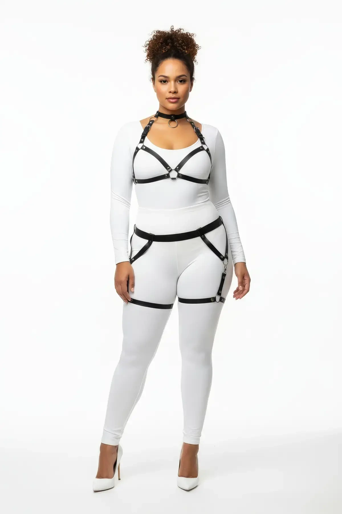 Plus Size Black Women's Leather Harness Set with Garter Ring Detail - APFT478