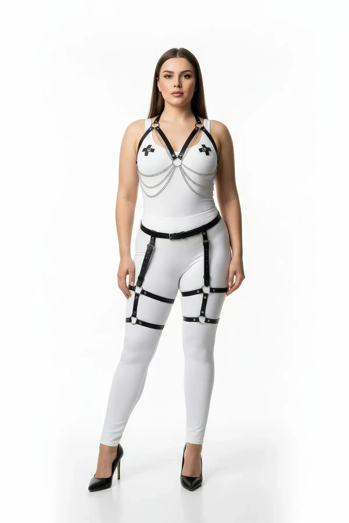 Plus Size Black Women's Chain Detailed Leather Garter Harness Set - APFT497