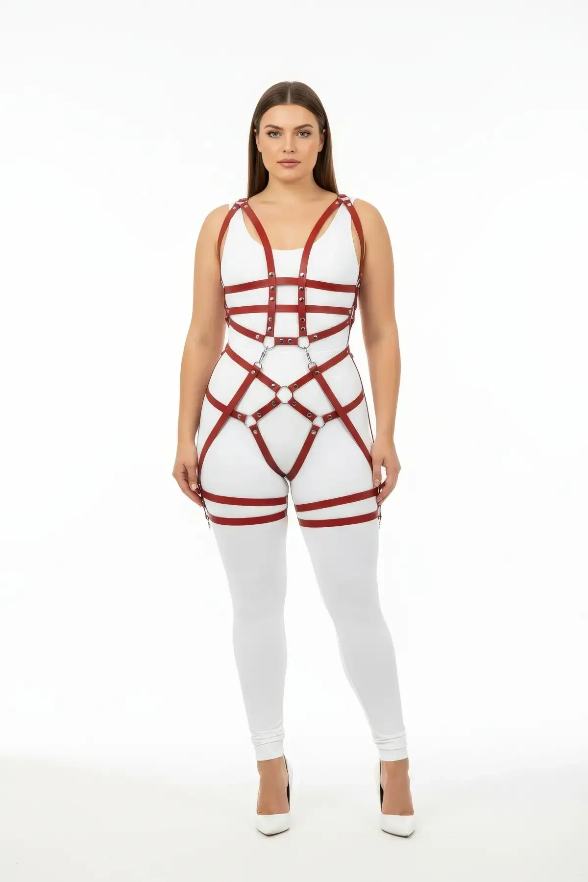 Plus Size Claret Red Women's Harness Suit Fancy Leather with Chain and Ring Detail - APFT502