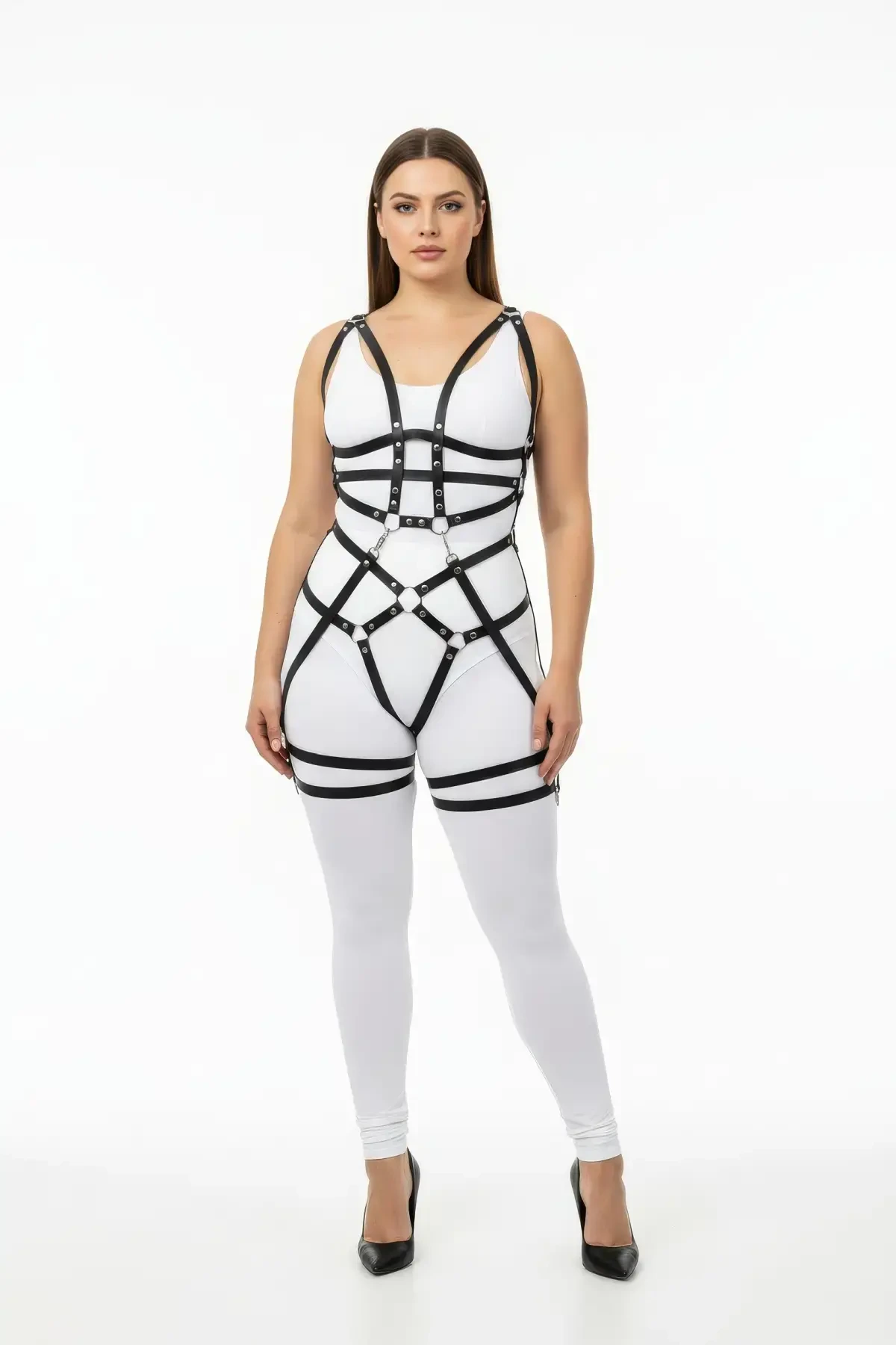 Plus Size Black Women's Full Body Leather Harness Set with Ring Detail - APFT502