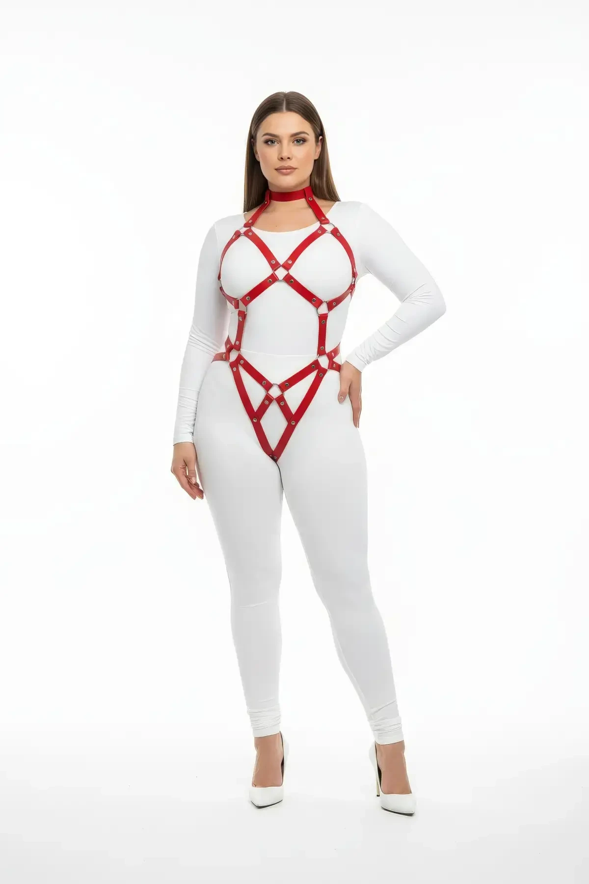 Plus Size Red Women's Harness Set with Sexy Ring Detail Leather Accessory - APFT514