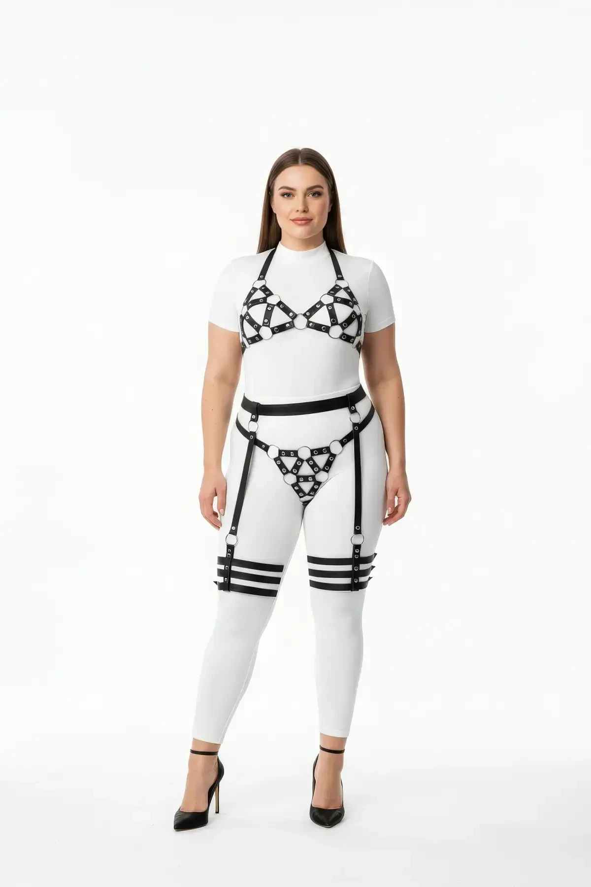 Plus Size Black Women's Leather Look Harness Set with Garter