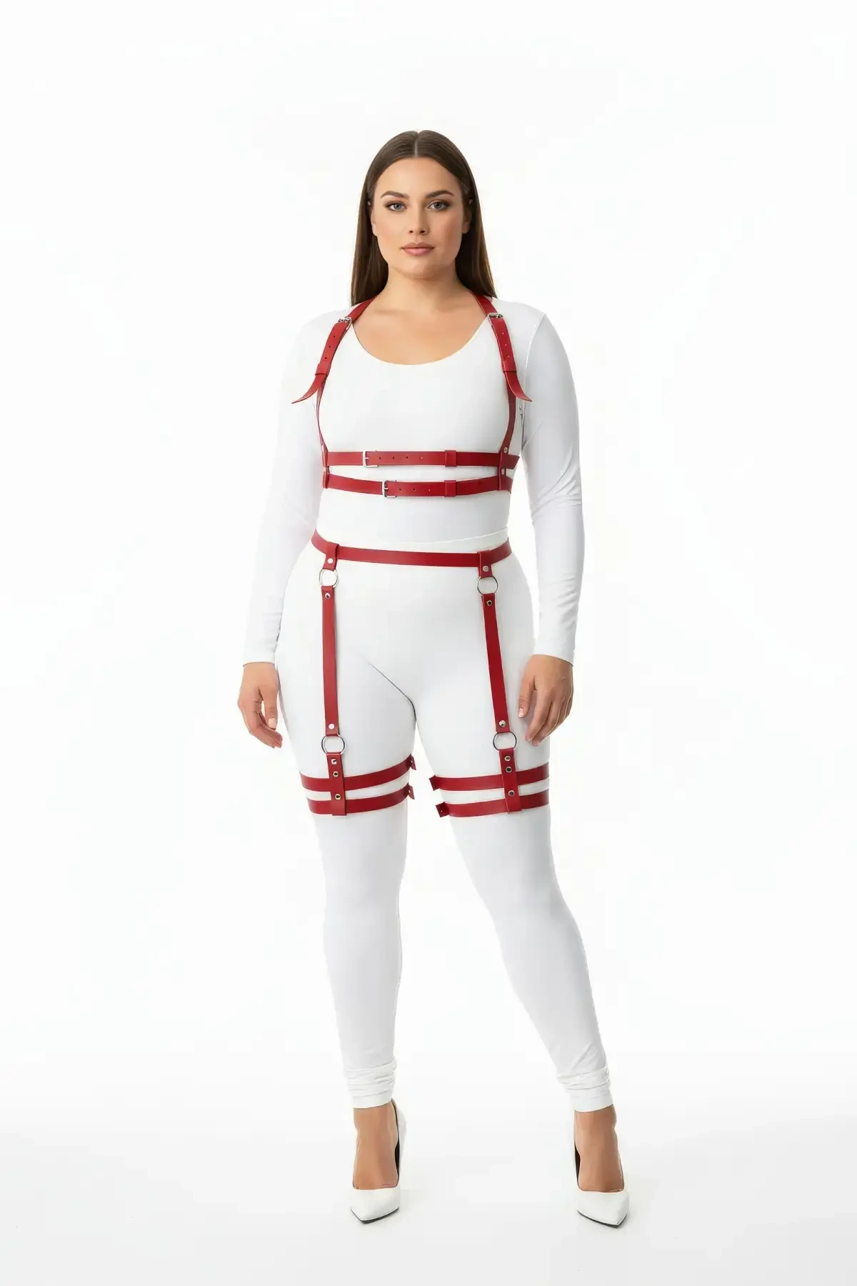 Plus Size Red Women's Leather Harness Set with Adjustable Ring Detail - APFT537