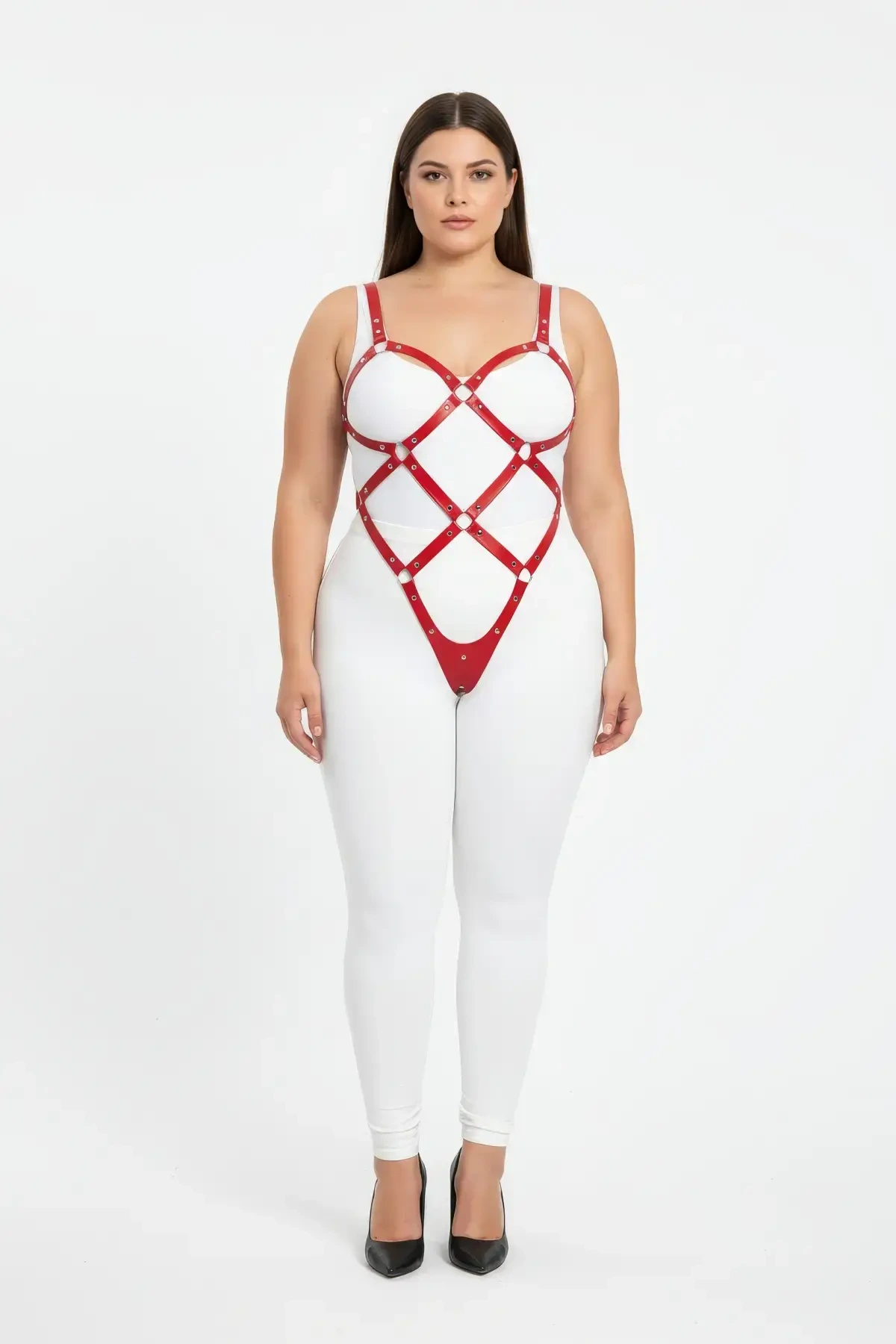 Plus Size Red Women's Leather Full Body Harness Suit Ring Detailed Body Accessory - APFT542