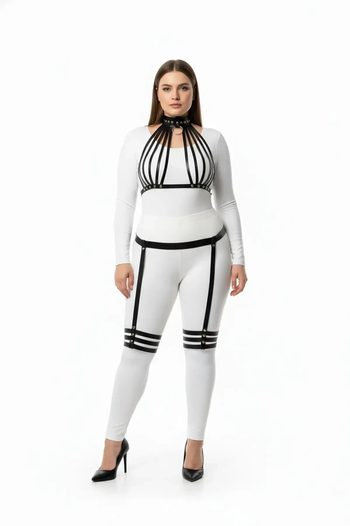 Plus Size Black Women's Leather Harness Suit with Garter Fancy Body Accessory - APFT552