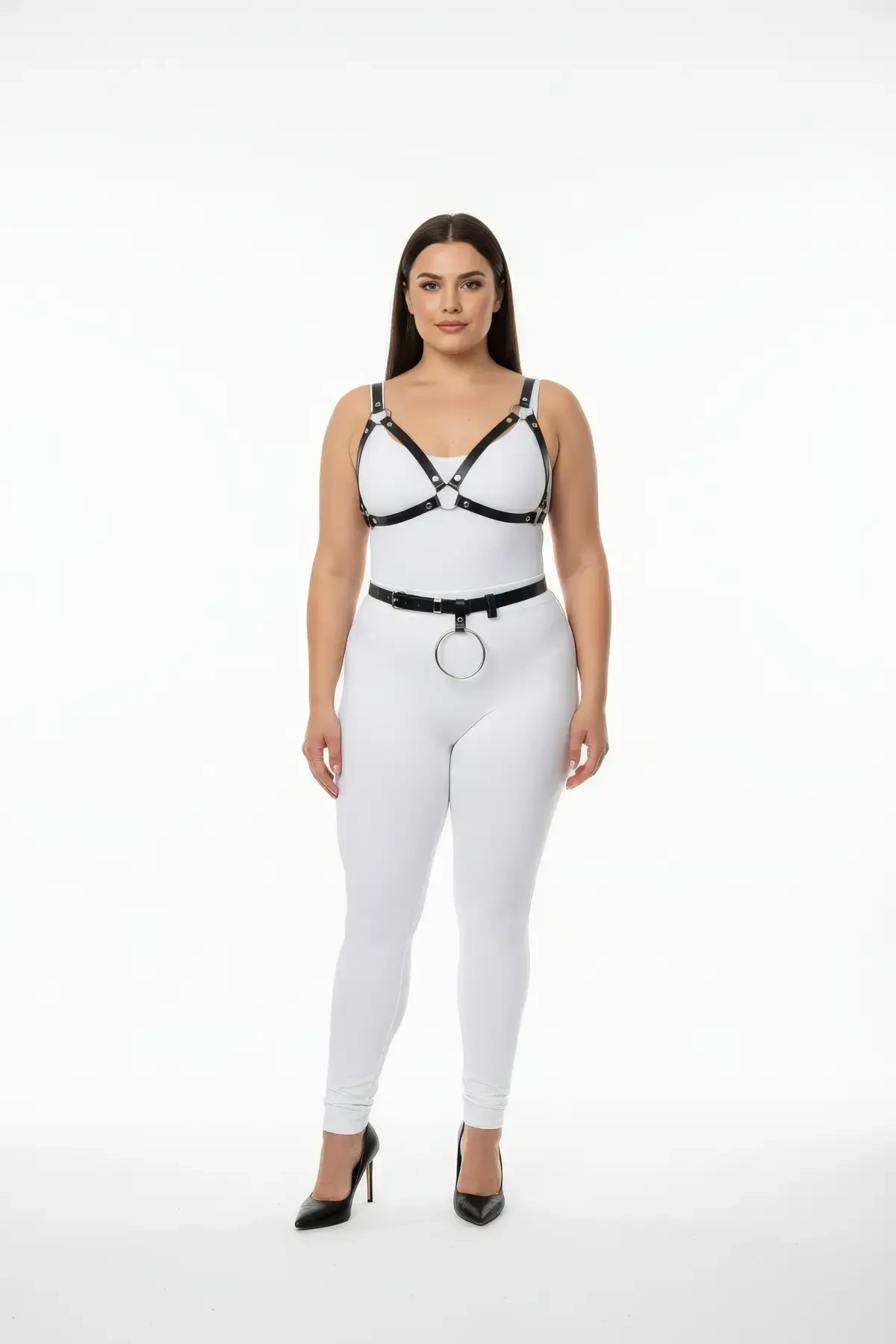 Plus Size Black Women's Leather Harness Set Fancy Body Accessory with Ring Detail - APFT651