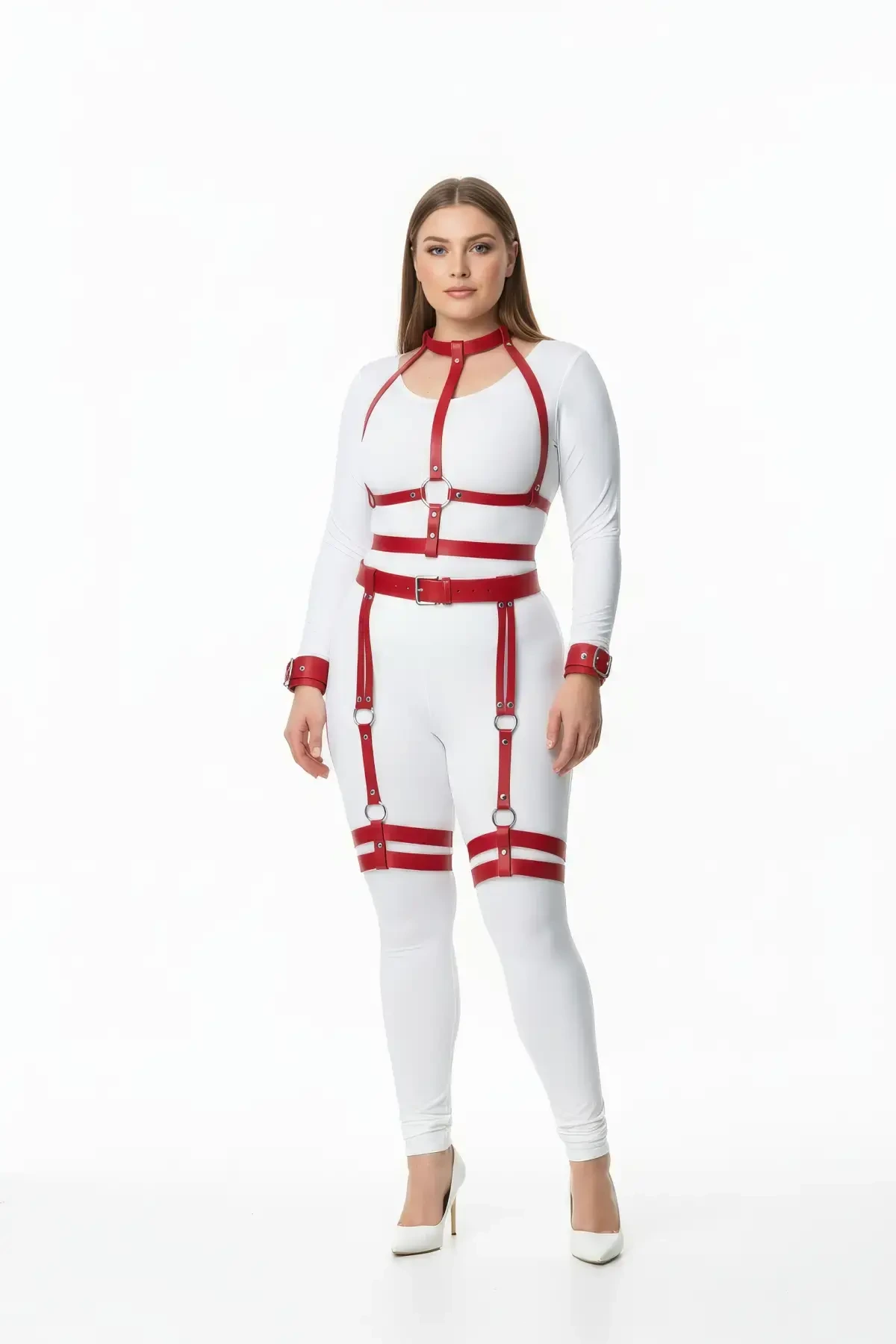 Plus Size Red Women's Harness Set with Garter and Ring Detail - APFT697