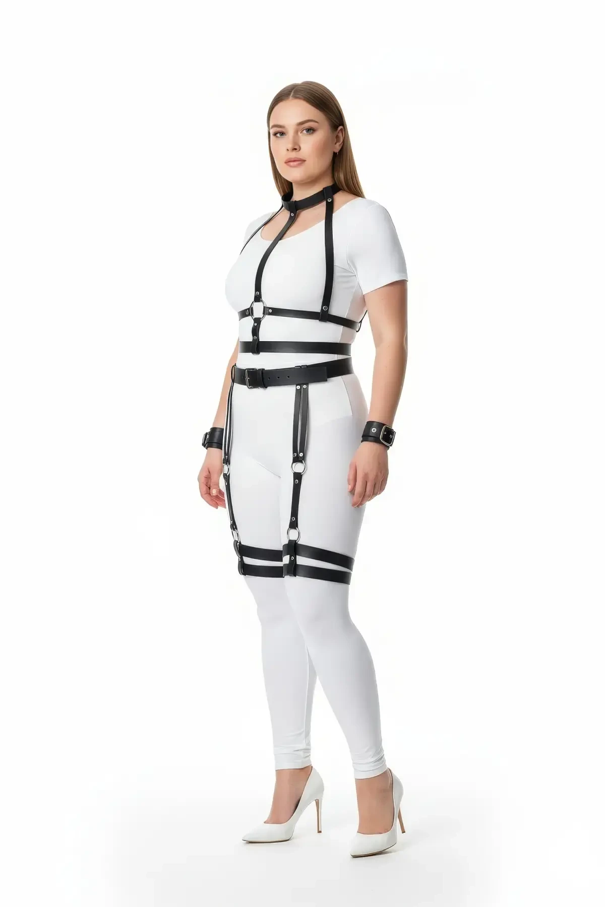 Plus Size Black Women's Harness Suit with Garter Leather Body Accessory - APFT697