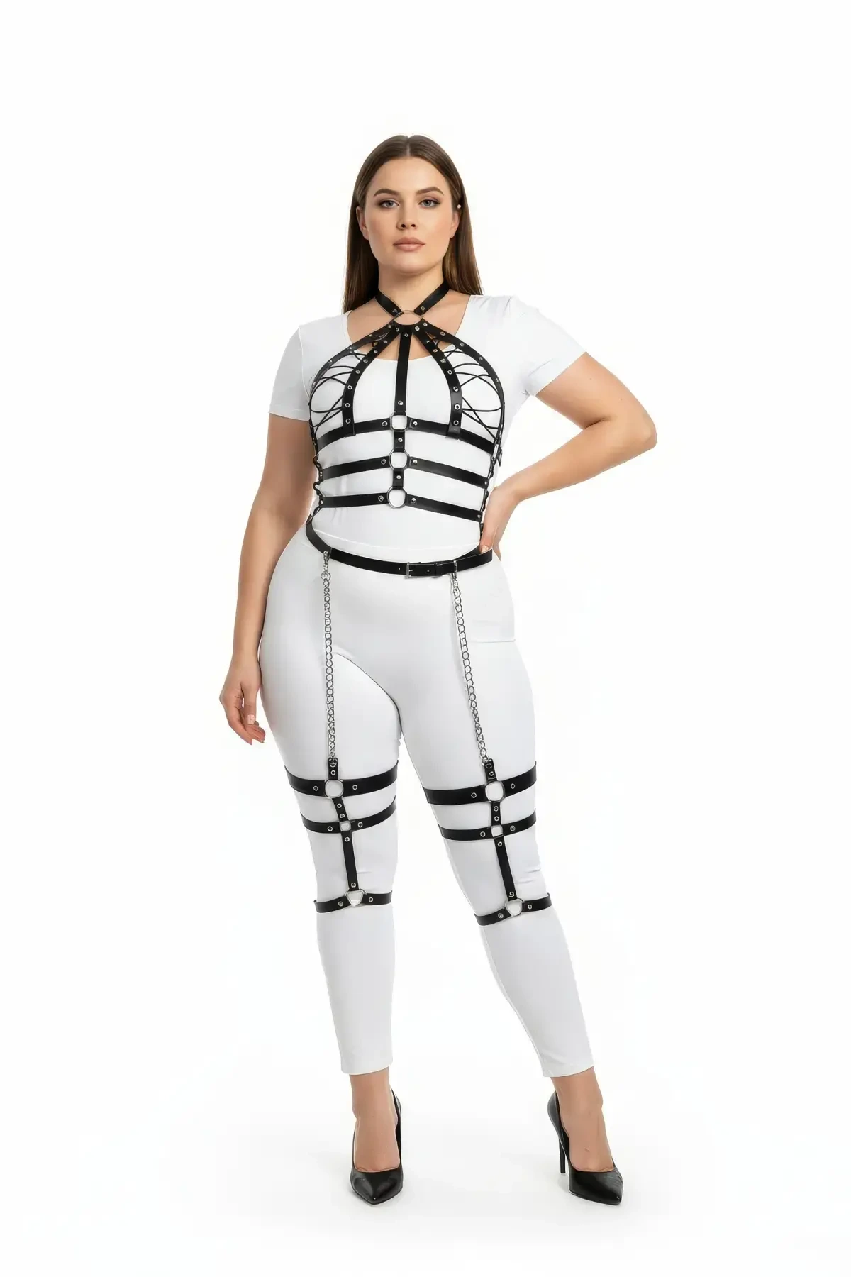 Plus Size Black Women's Harness Suit Chain Detailed Full Body Leather Accessory - APFT698