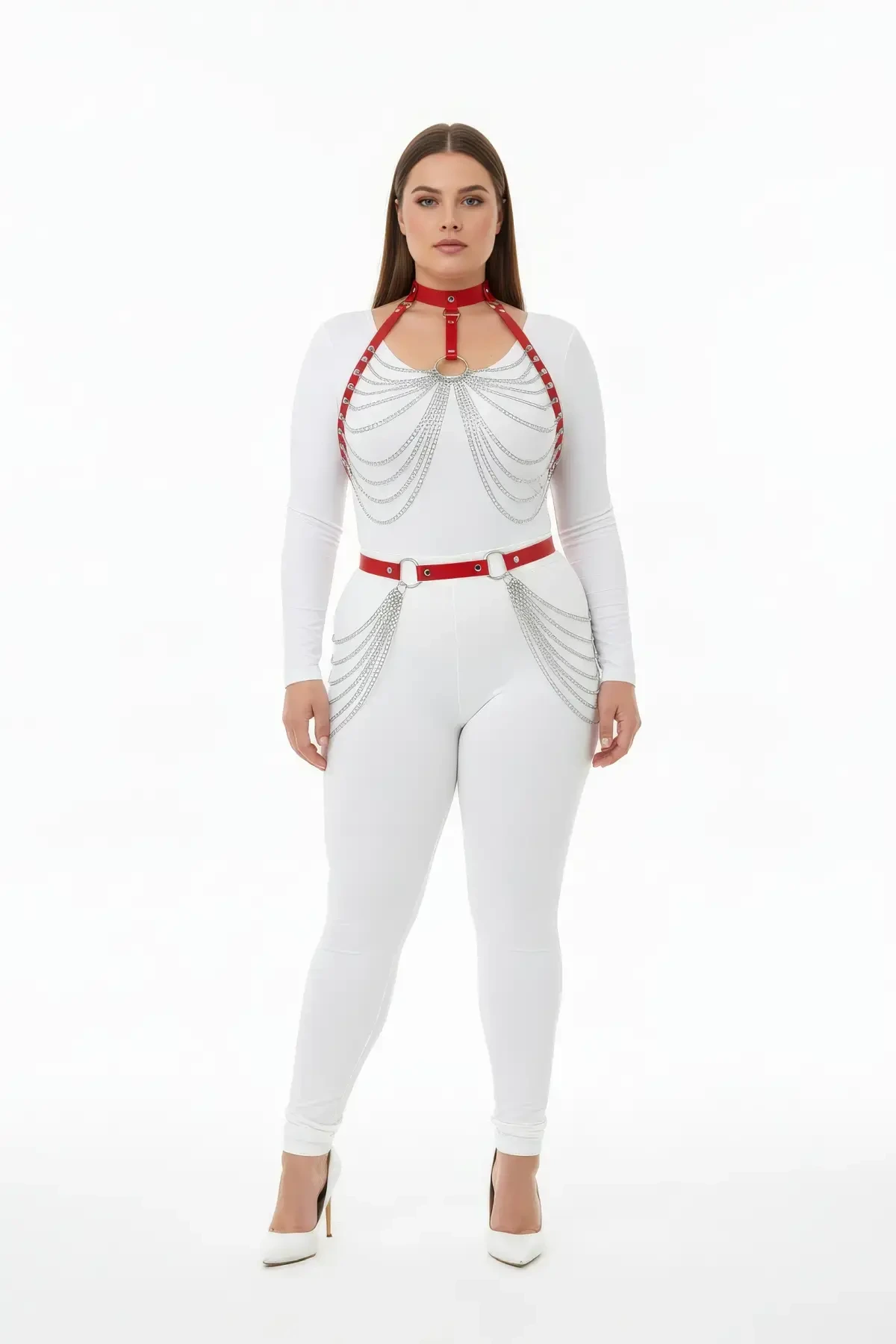 Plus Size Red Women's Harness Suit Chain Detailed Leather Fancy Body Accessory - APFT701