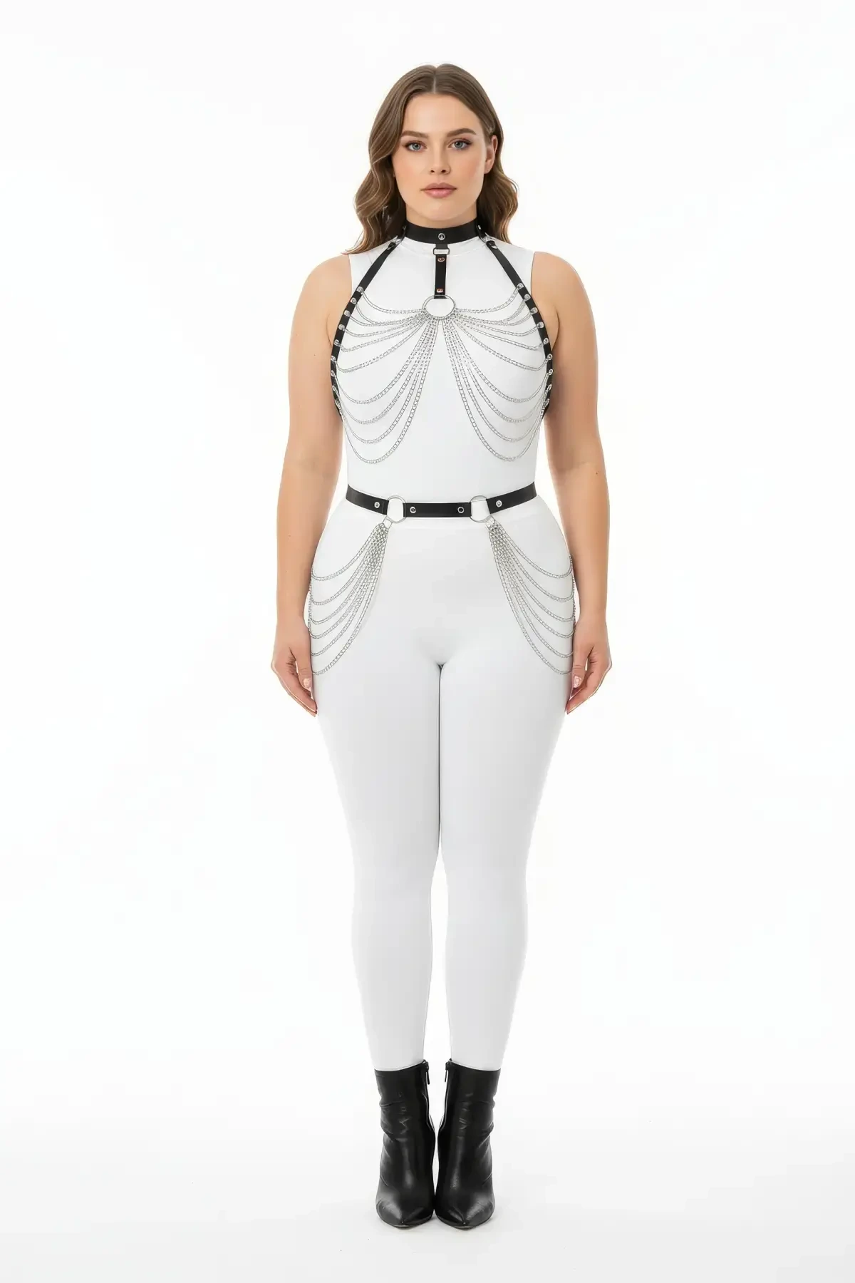 Plus Size Black Women's Harness Suit Chain Detailed Leather Fancy Accessory - APFT701