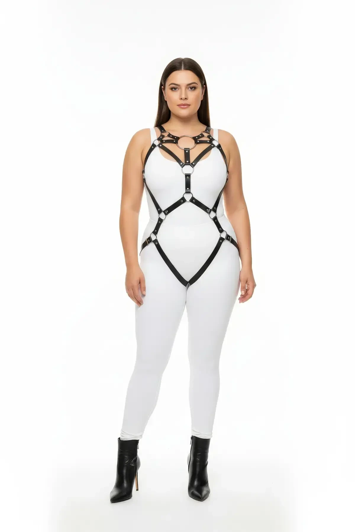 Plus Size Black Women's Harness Set Sexy Bodysuit with Ring Detail - APFT706