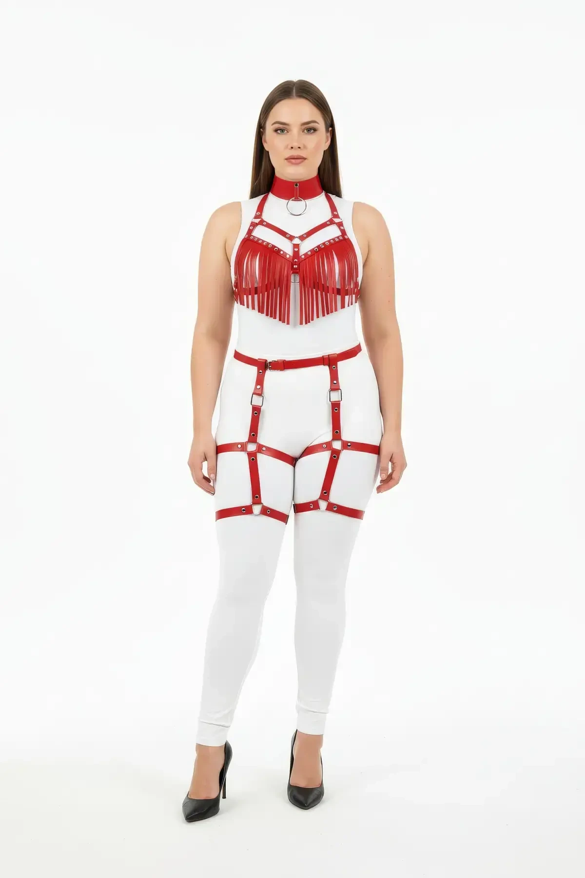 Plus Size Red Women's Leather Harness Suit with Tassel Detail and Garter - APFT715