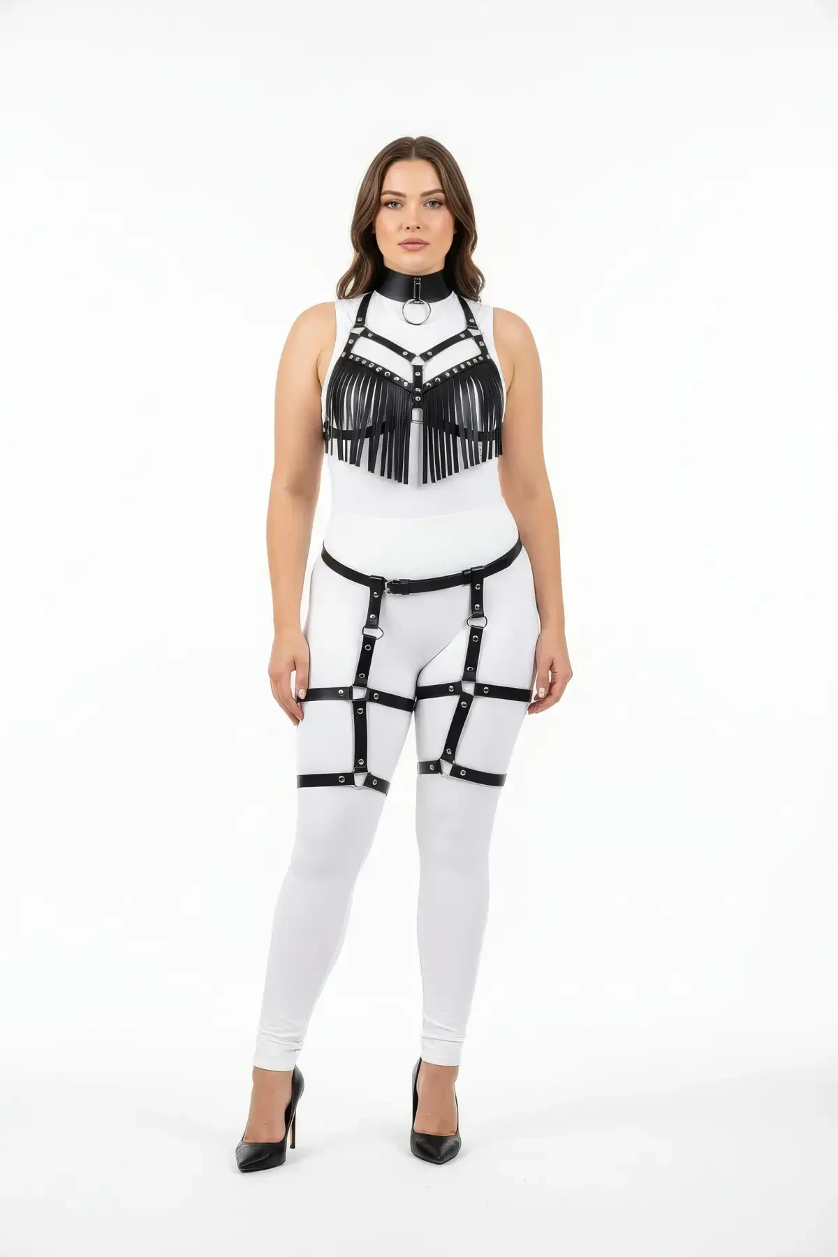 Plus Size Black Women's Harness Suit Tasseled Leather Look Garter Fancy Accessory - APFT715