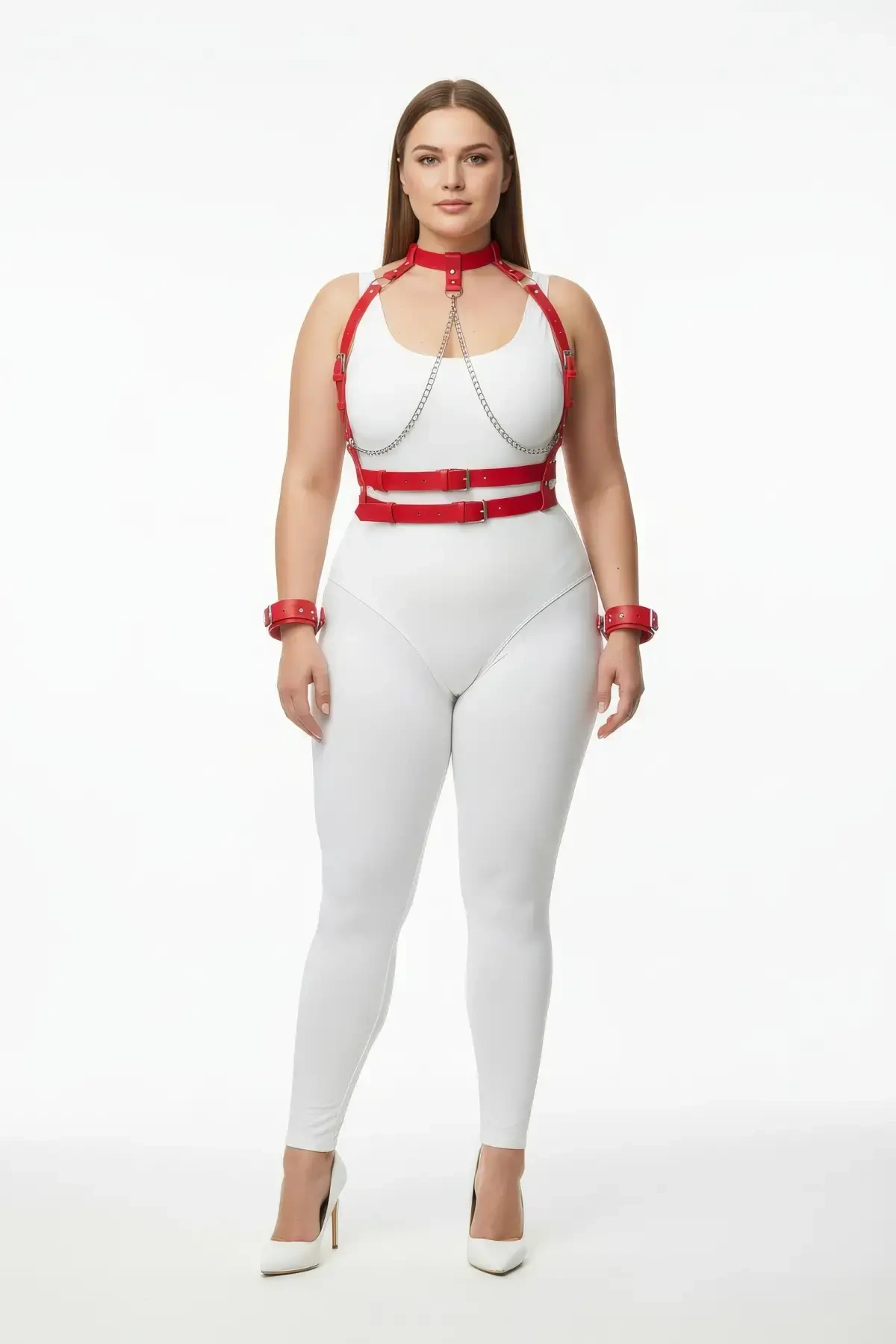 Plus Size Red Women's Leather Harness Suit Chain Detailed Fancy Accessory - APFT720