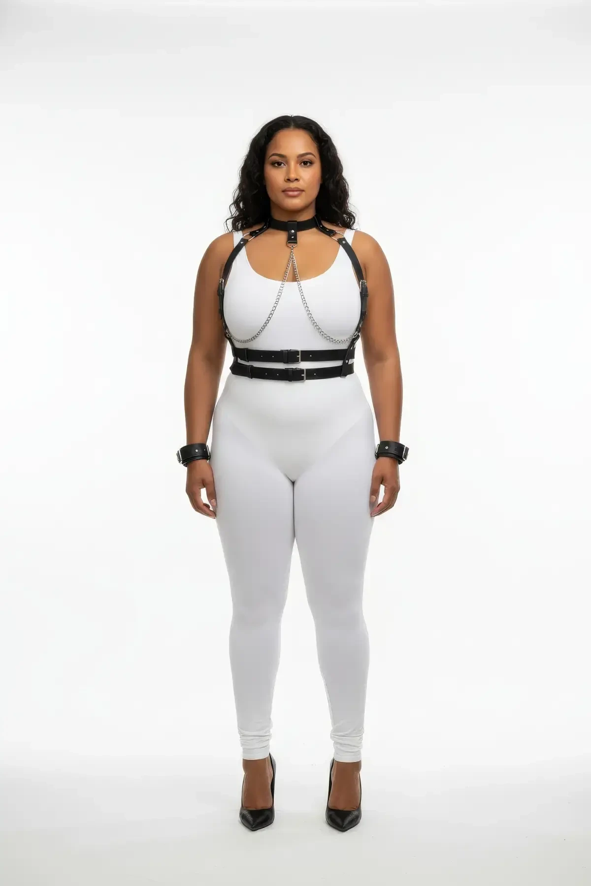 Plus Size Black Women's Leather Harness Suit Chain Detailed Fantasy Full Set - APFT720