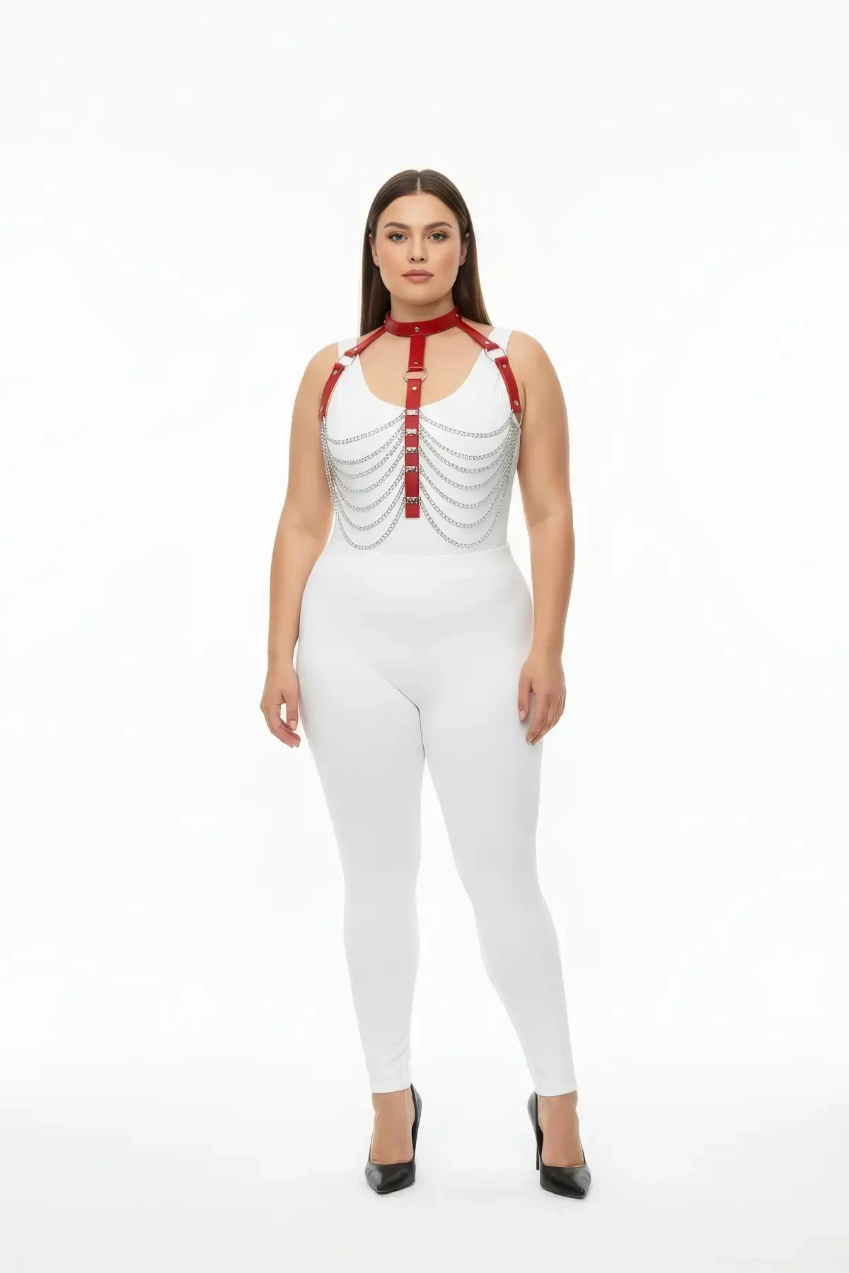 Plus Size Red Women's Harness Suit Chain Detailed Leather Body Accessory - APFT721
