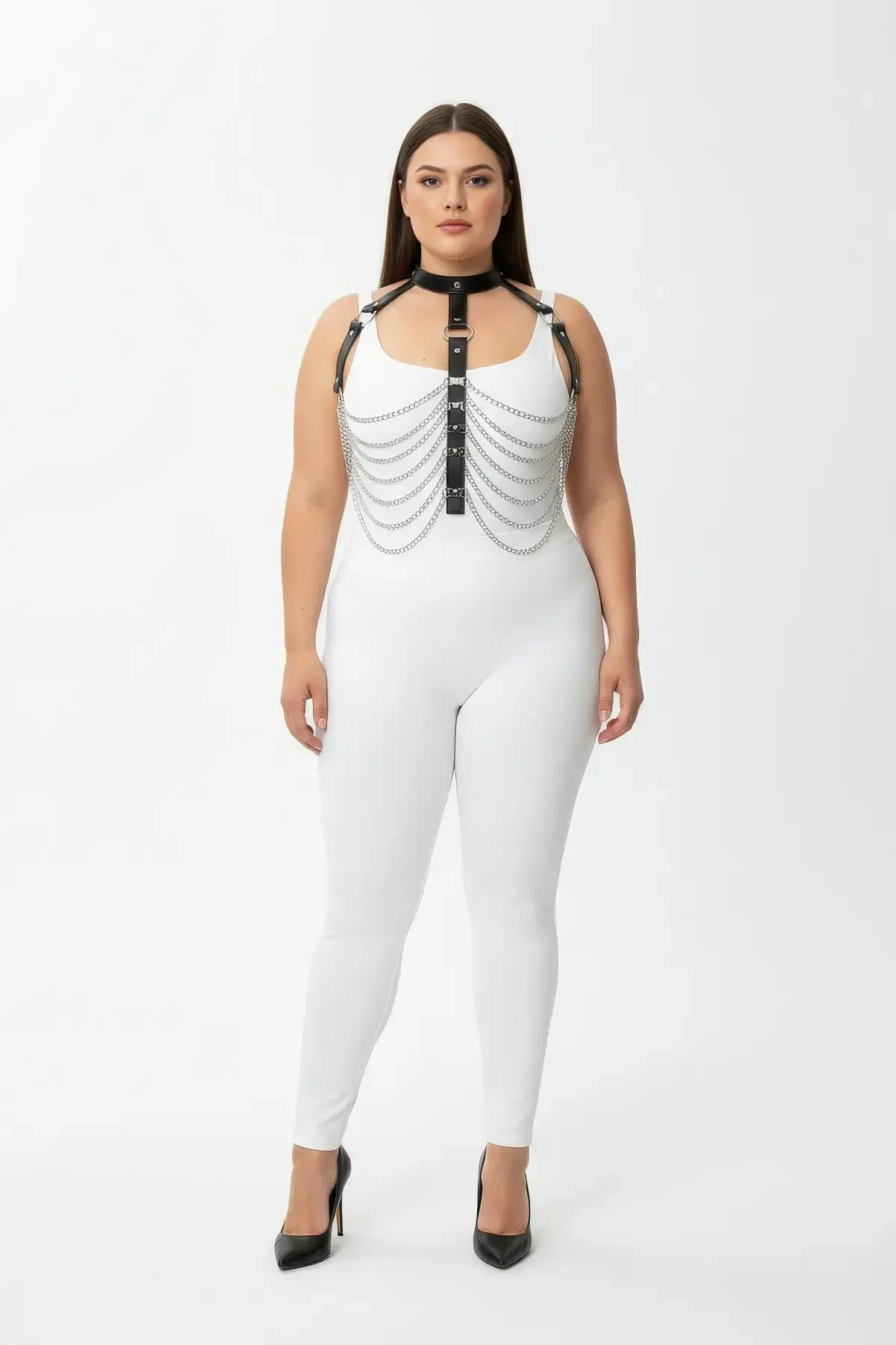 Plus Size Black Women's Harness Set Leather Body Accessory with Chain and Ring Detail - APFT721